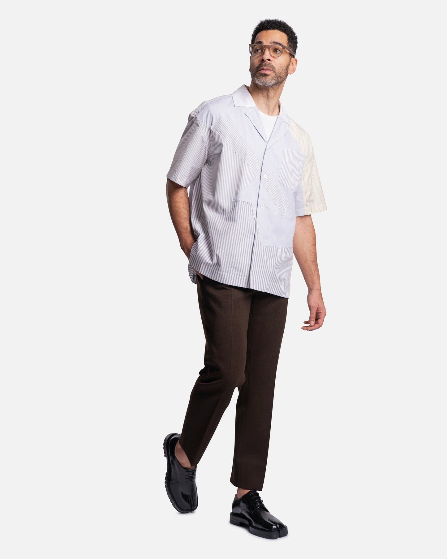 Feng Chen Wang Men's Shirts Multi Stripe Patchwork Shirt in Grey