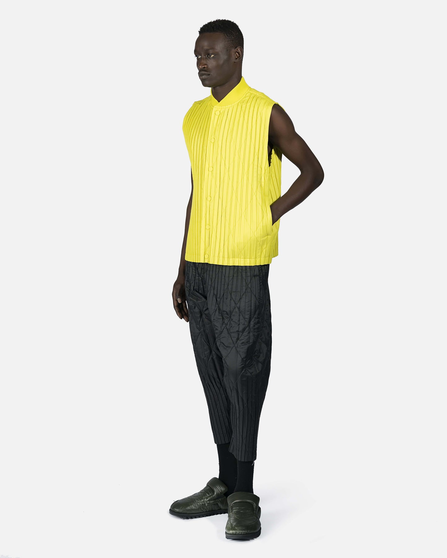 Homme Plissé Issey Miyake Men's Jackets Padded Pleats Vest in Yellow