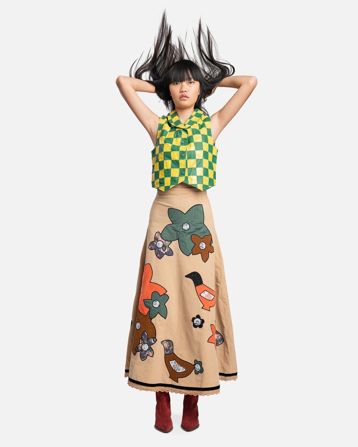 ERL Women Tops Patchwork Checkers Leather Vest in Yellow