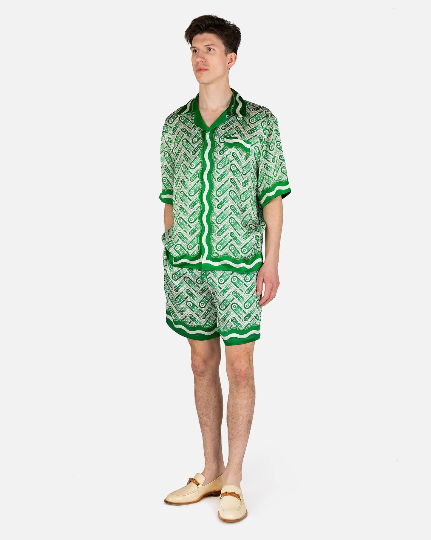 Casablanca Men's Shorts Ping Pong Monogram Drawstring Silk Shorts in Green