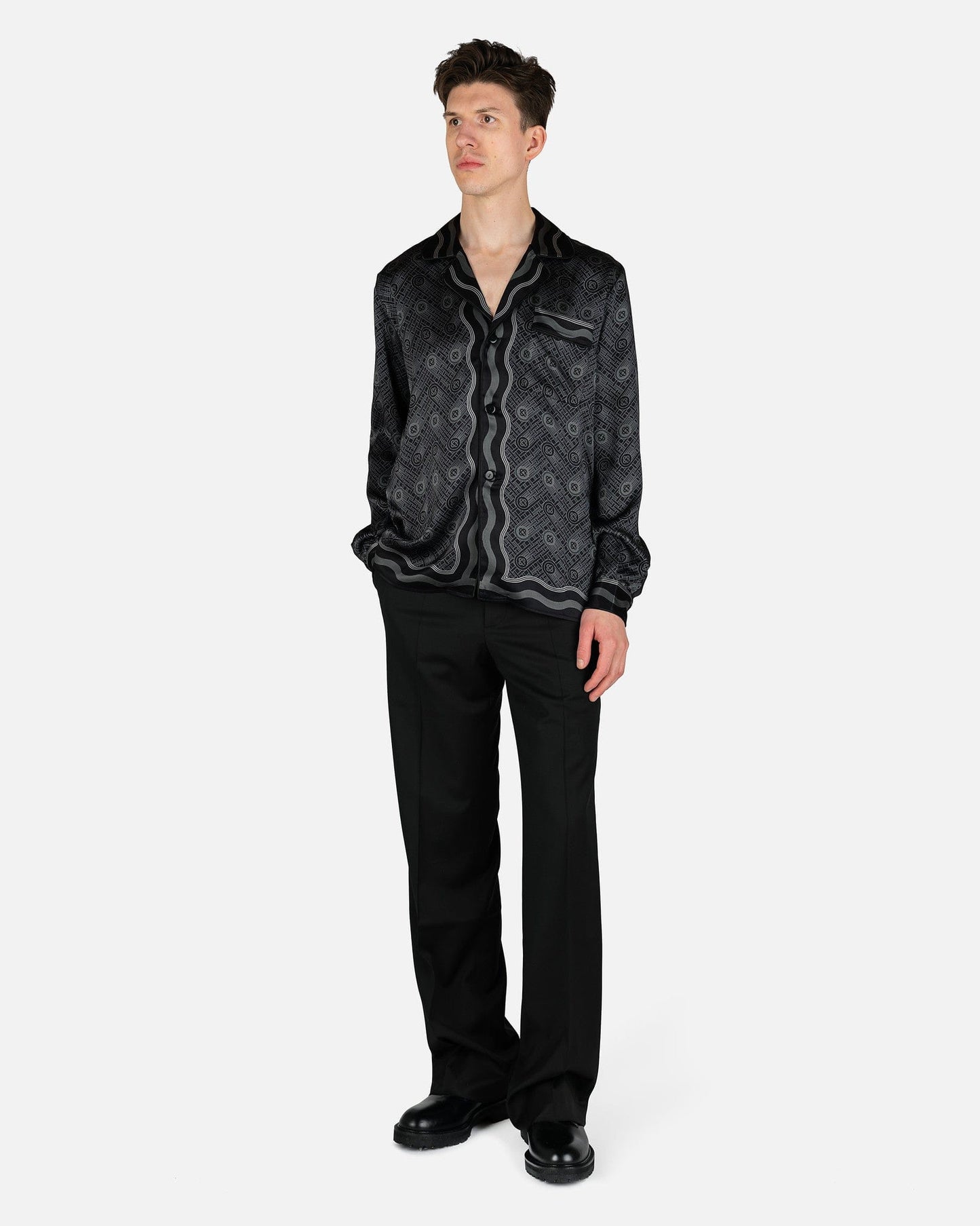 Casablanca Men's Shirts Ping Pong Monogram Long Sleeve Silk Pyjama Shirt in Black