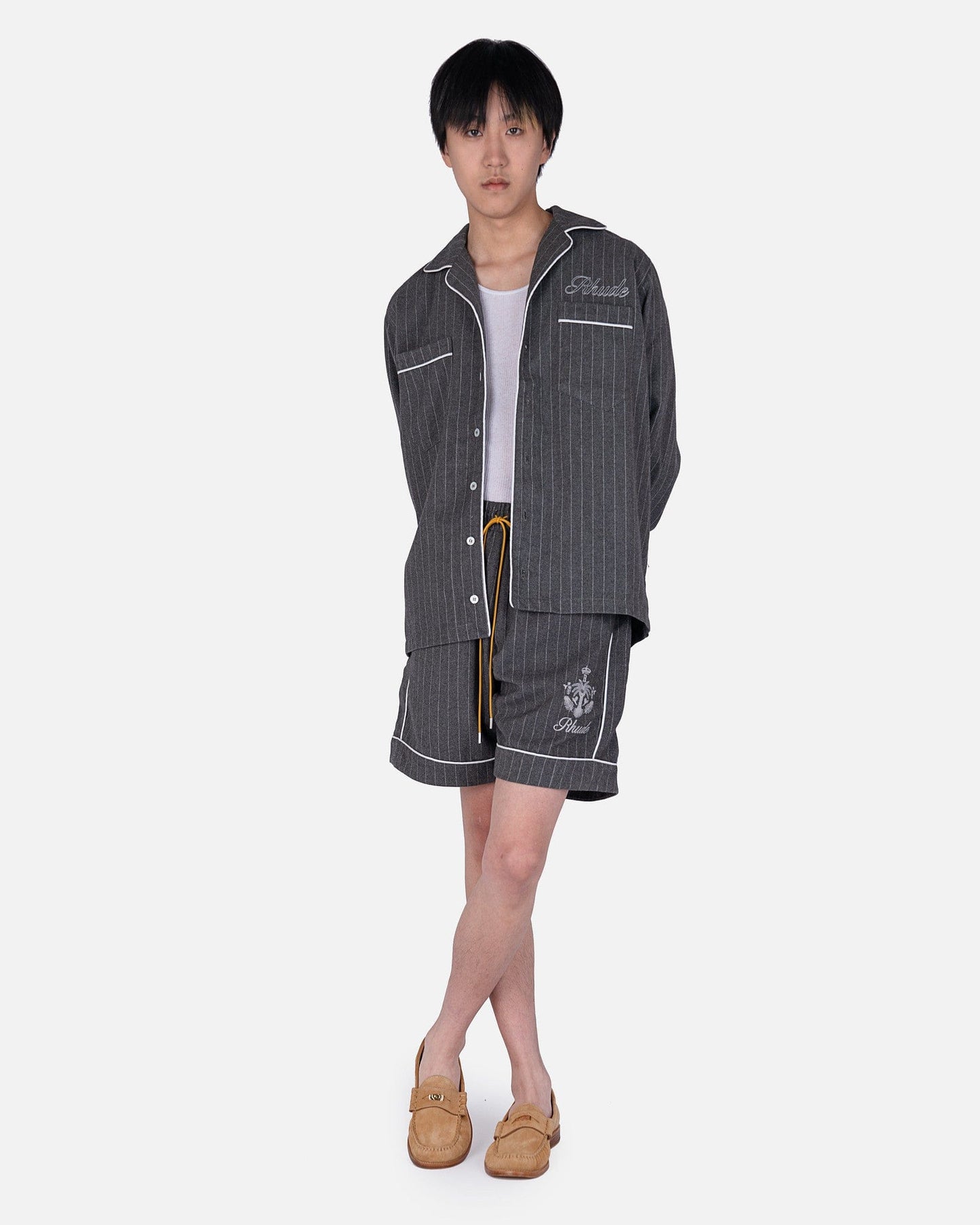 Rhude Men's Shirt PJ Long Sleeve Shirt in Grey Stripes