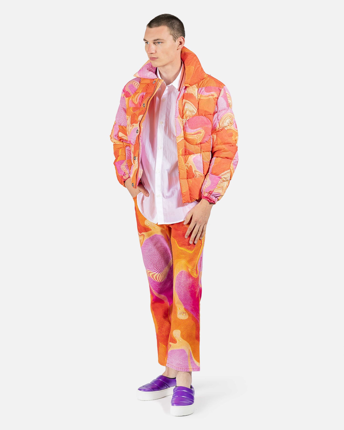 ERL Men's Jeans Printed Denim Pants in Pink/Orange