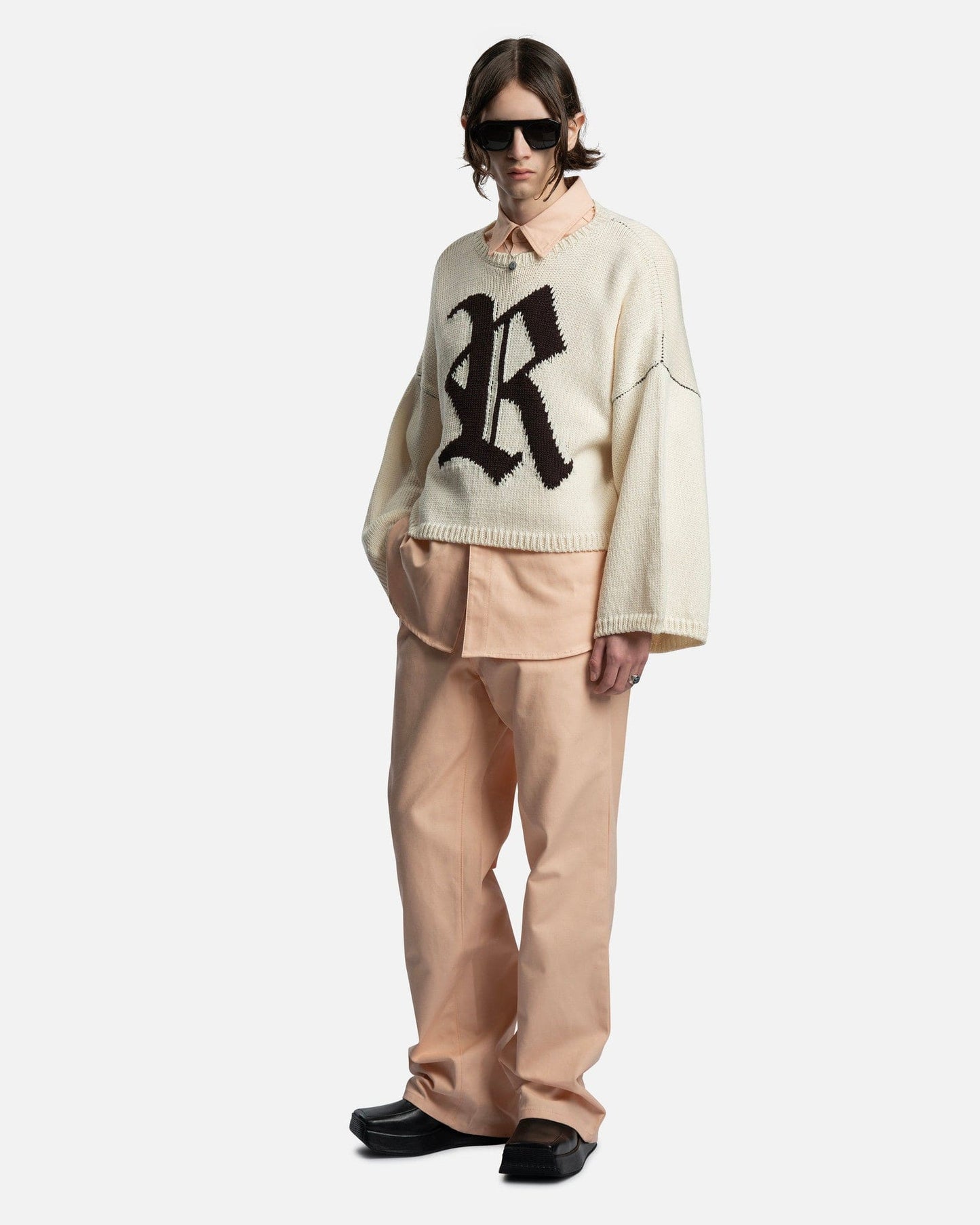 Raf Simons Men's Sweater R Jacquard Bulky Knit Sweater in Pearl