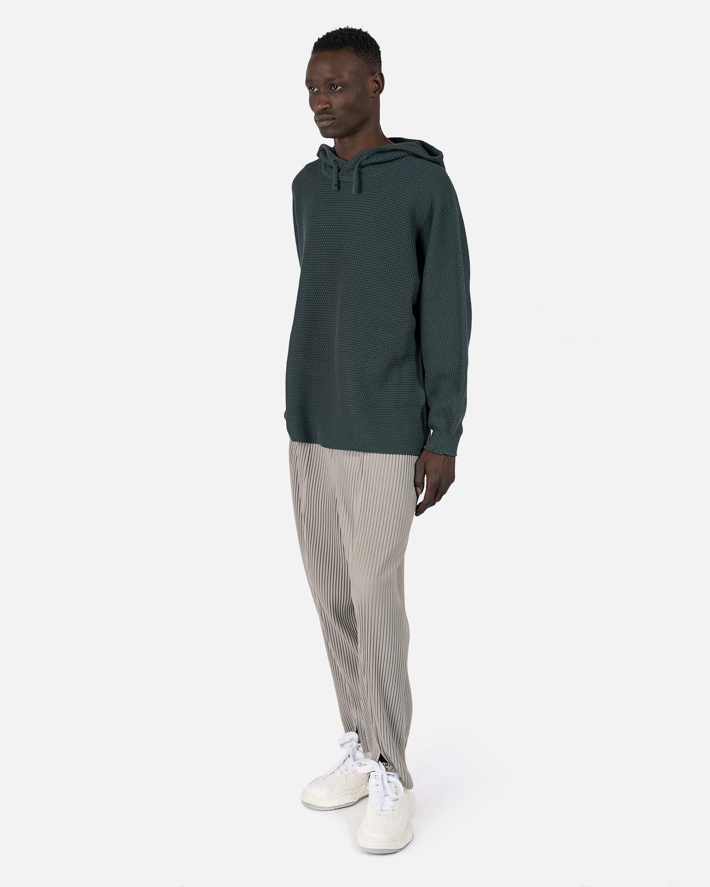 Homme Plissé Issey Miyake Men's Sweatshirts O/S Rustic Knit Hoodie in Teal Green