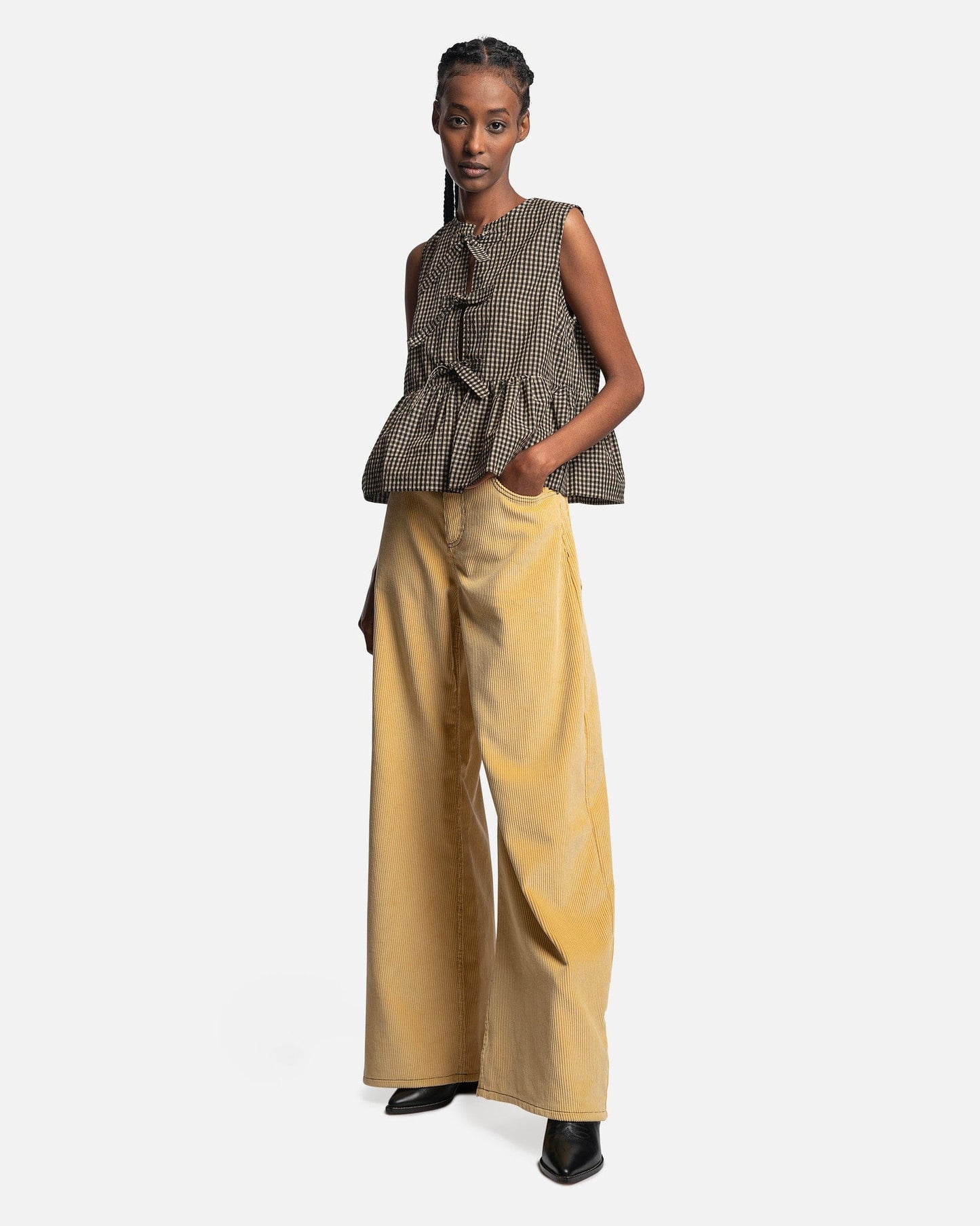 Ganni Women Tops Seersucker Check Sleeveless Ribbon Blouse in Gingham Starfish