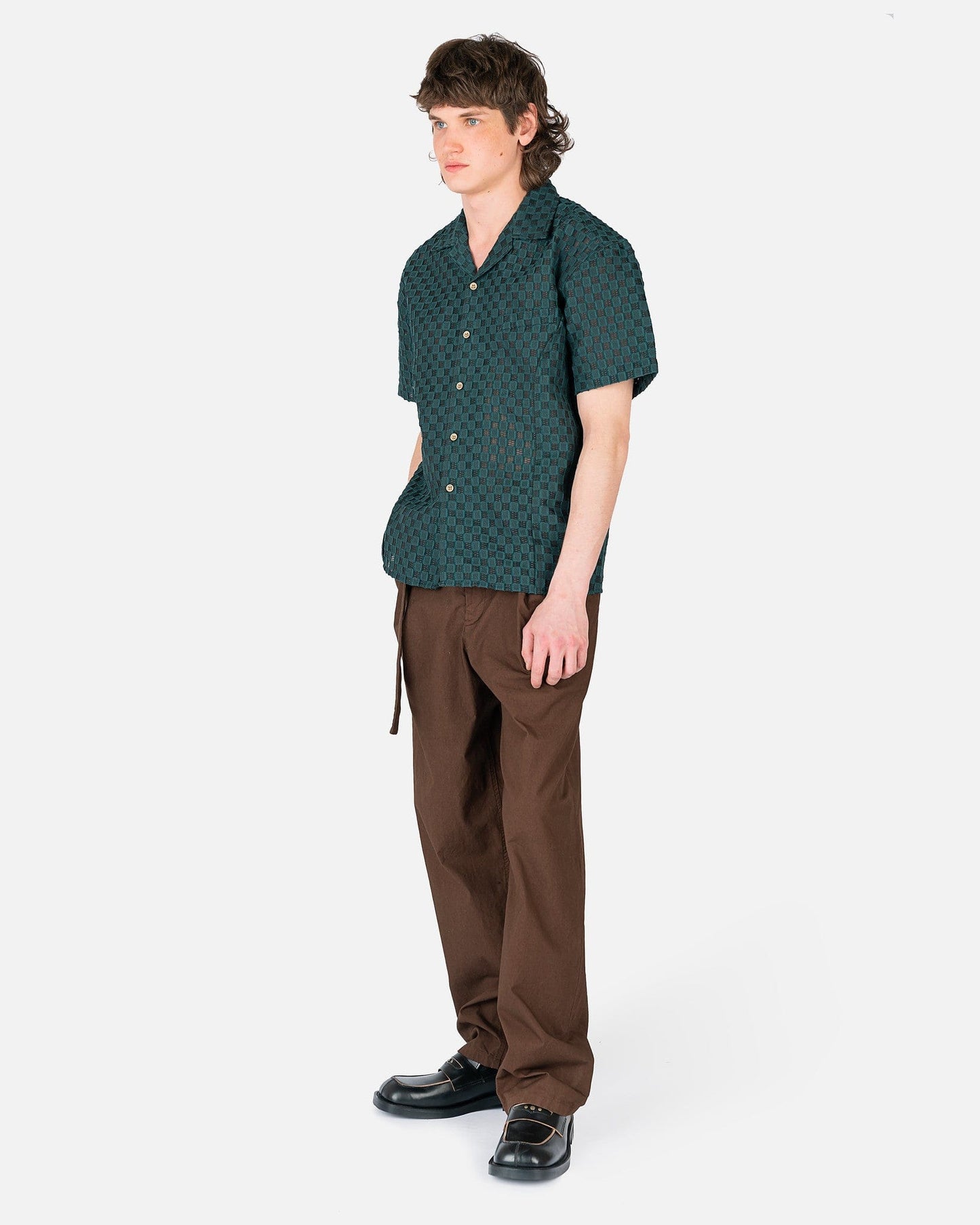 Andersson Bell Men's Shirts Sheer Square Open Collar Shirt in Dark Green