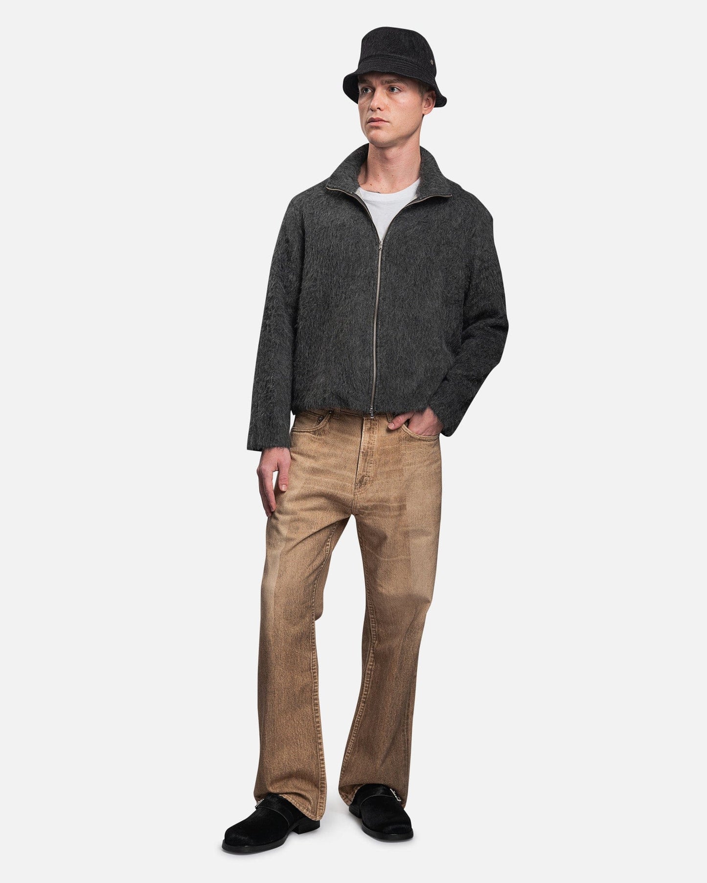 Our Legacy Men Sweaters Shrunken Full Zip Polo in Ash Grey Alpaca