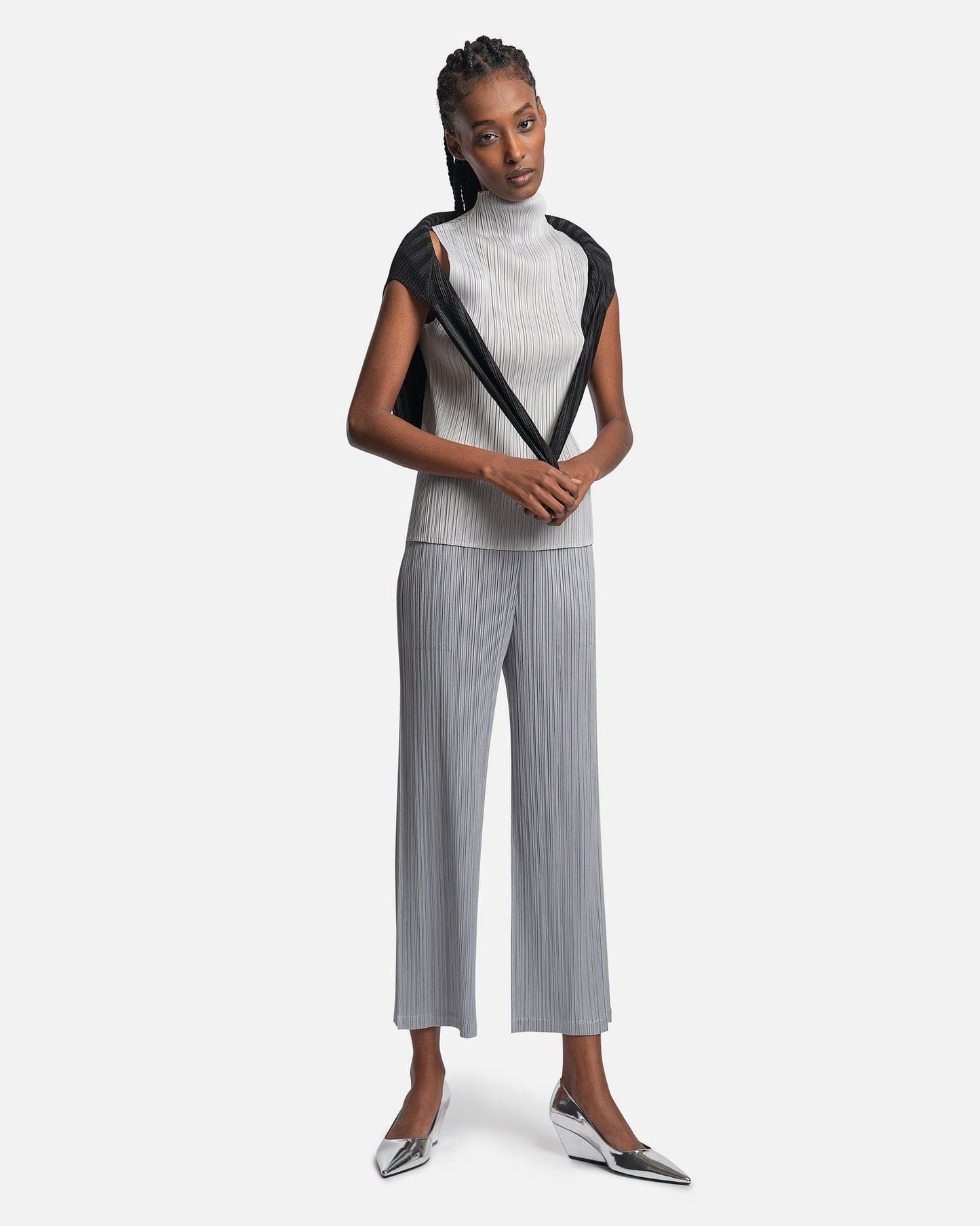Pleats Please Issey Miyake Women Tops Sleeveless Turtleneck Top in Light Grey