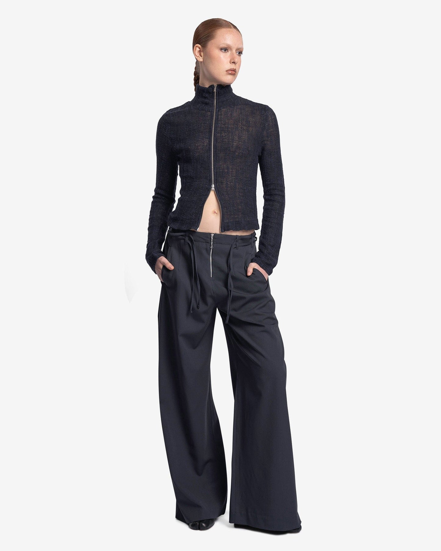 Our Legacy Women Tops Slim Zip Long Sleeve in Navy Yawning Linen