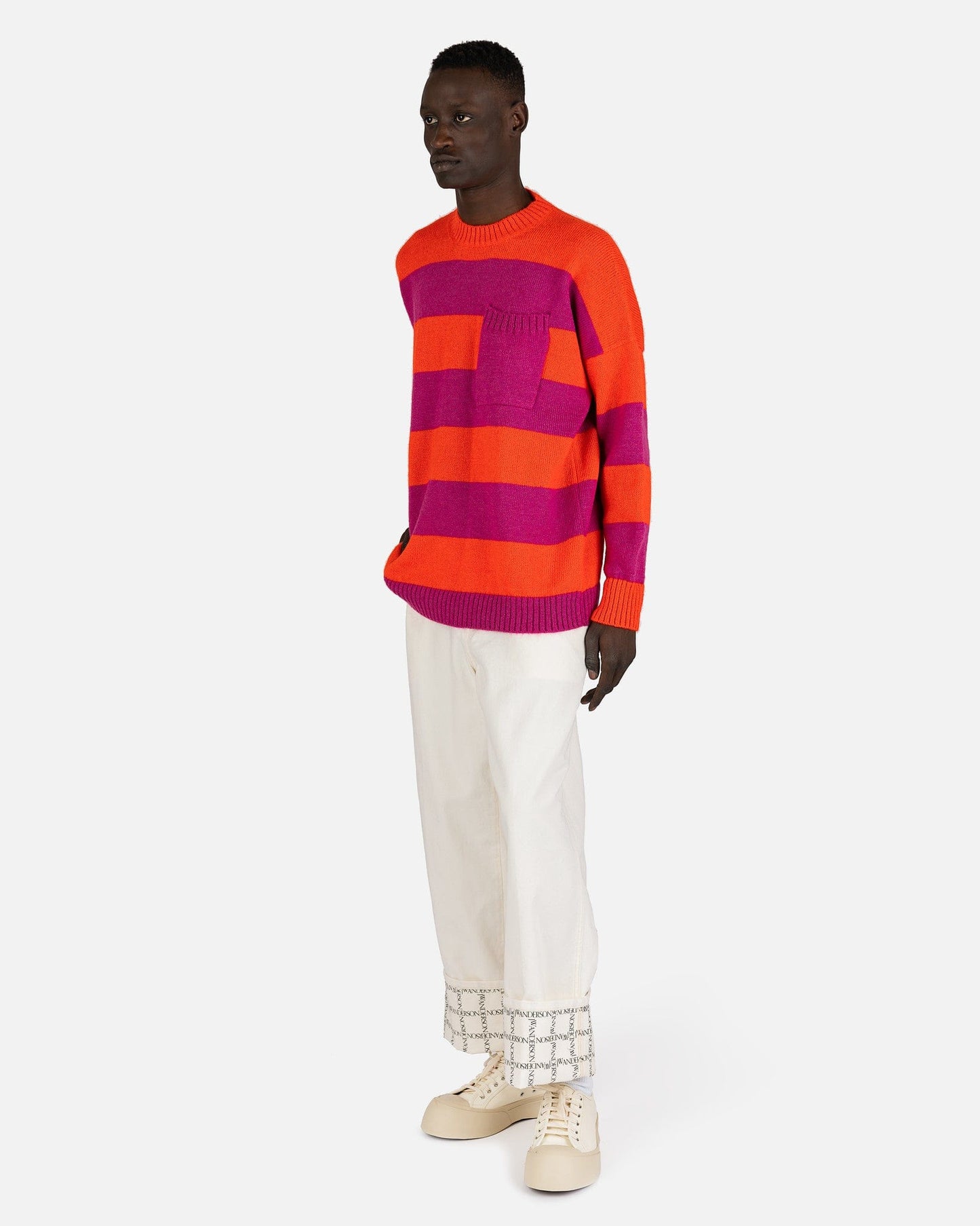 JW Anderson Men's Sweatshirts Striped Patchpocket Crewneck Jumper in Pink/Red
