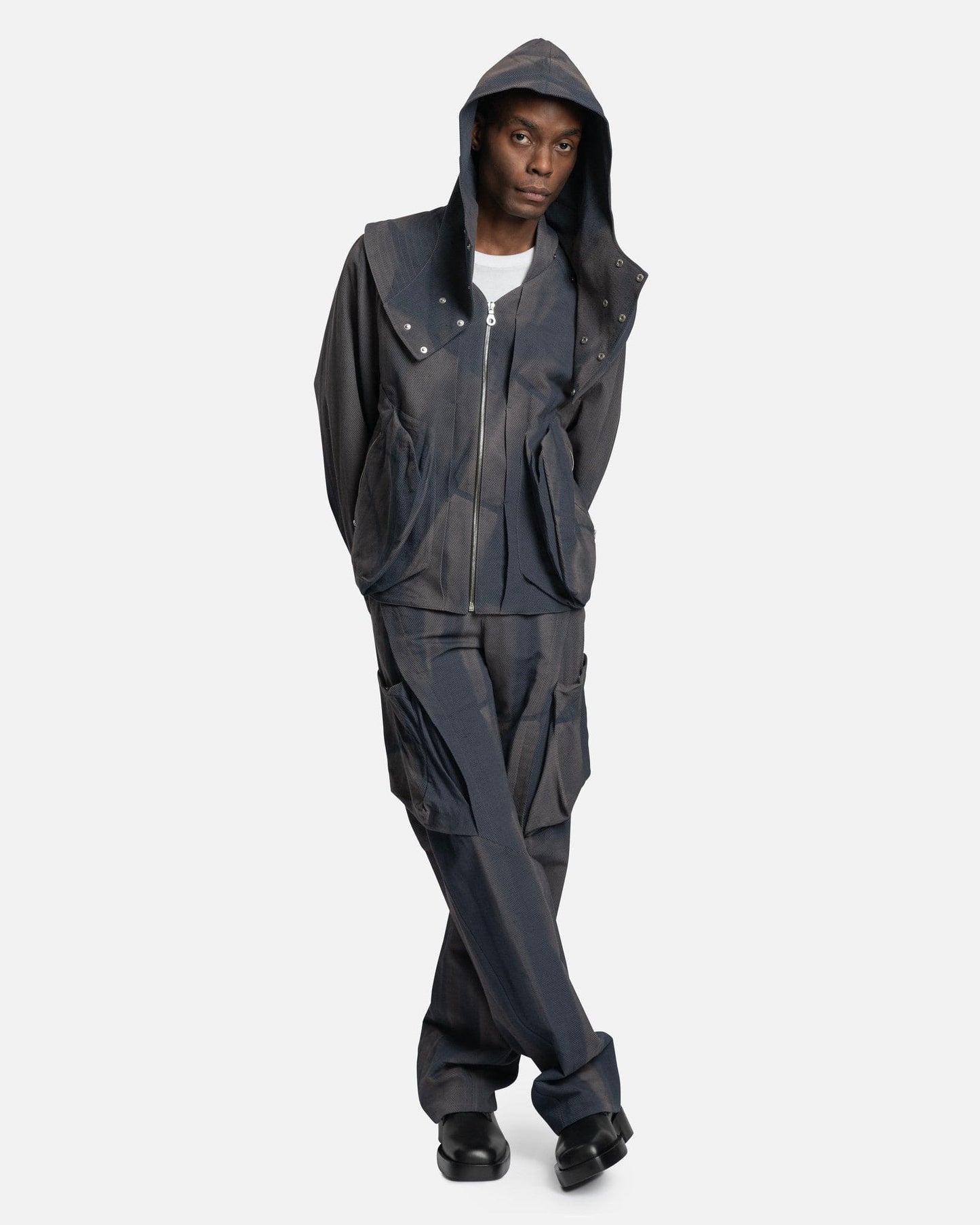 JiyongKim Men's Coat Sun-Bleached Draped Pocket Bomber Navy