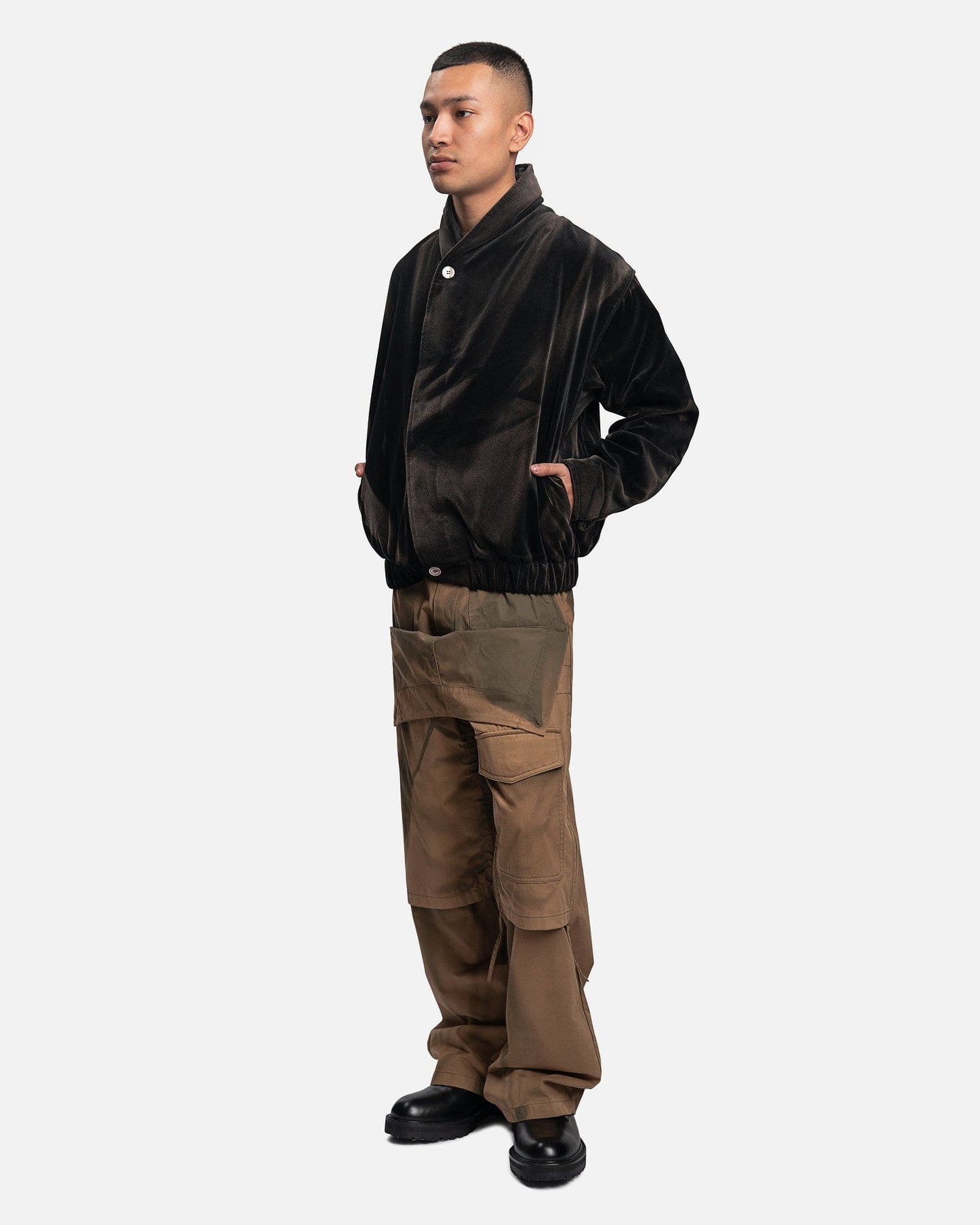 JiyongKim Men's Jackets Sun-Bleached Shawl Collar Velvet Bomber in Black