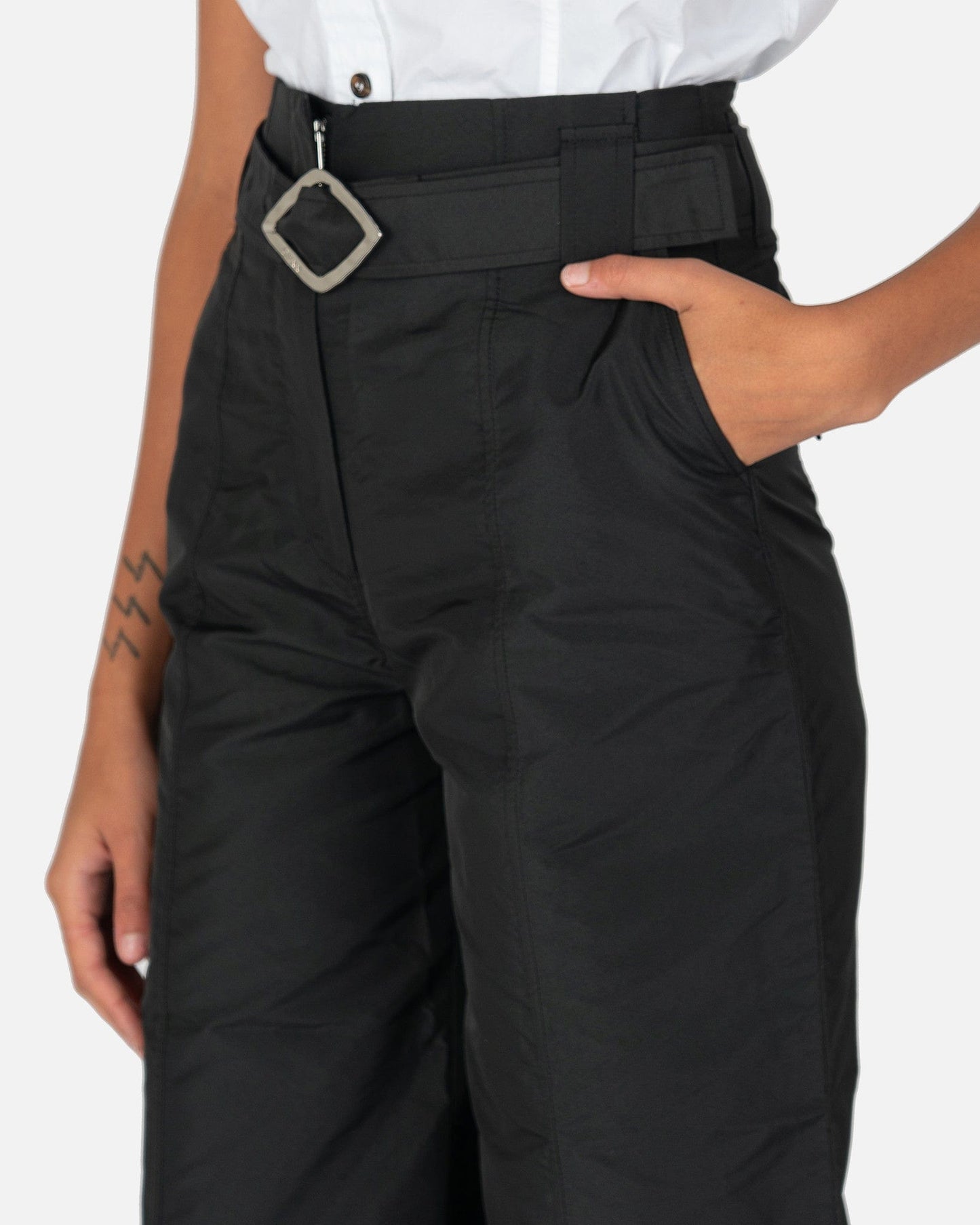 Ganni Women Pants Tafetta Belted Wide Leg Trousers in Black