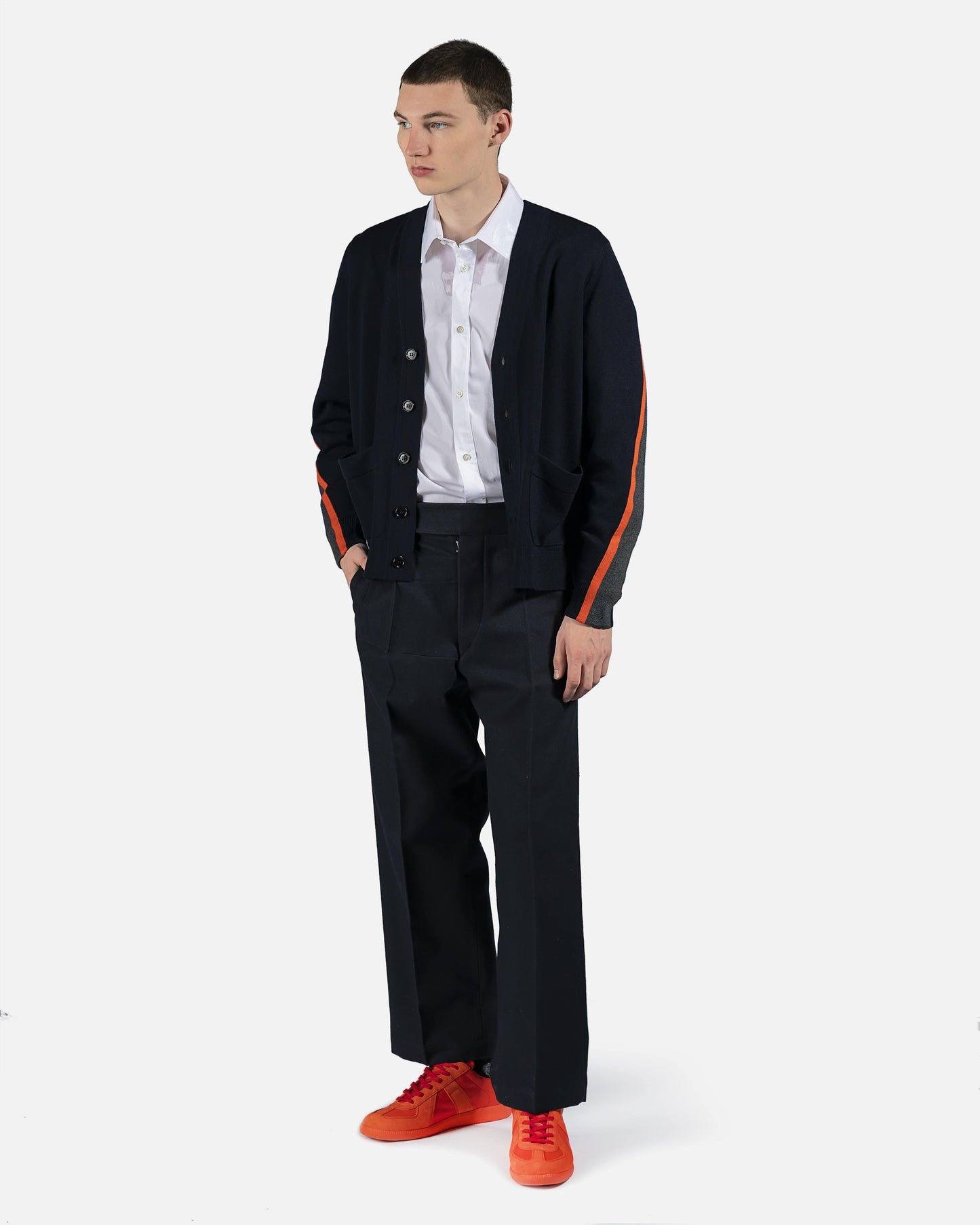 Dries Van Noten mens sweater Tapers Striped Cardigan in Navy/Orange