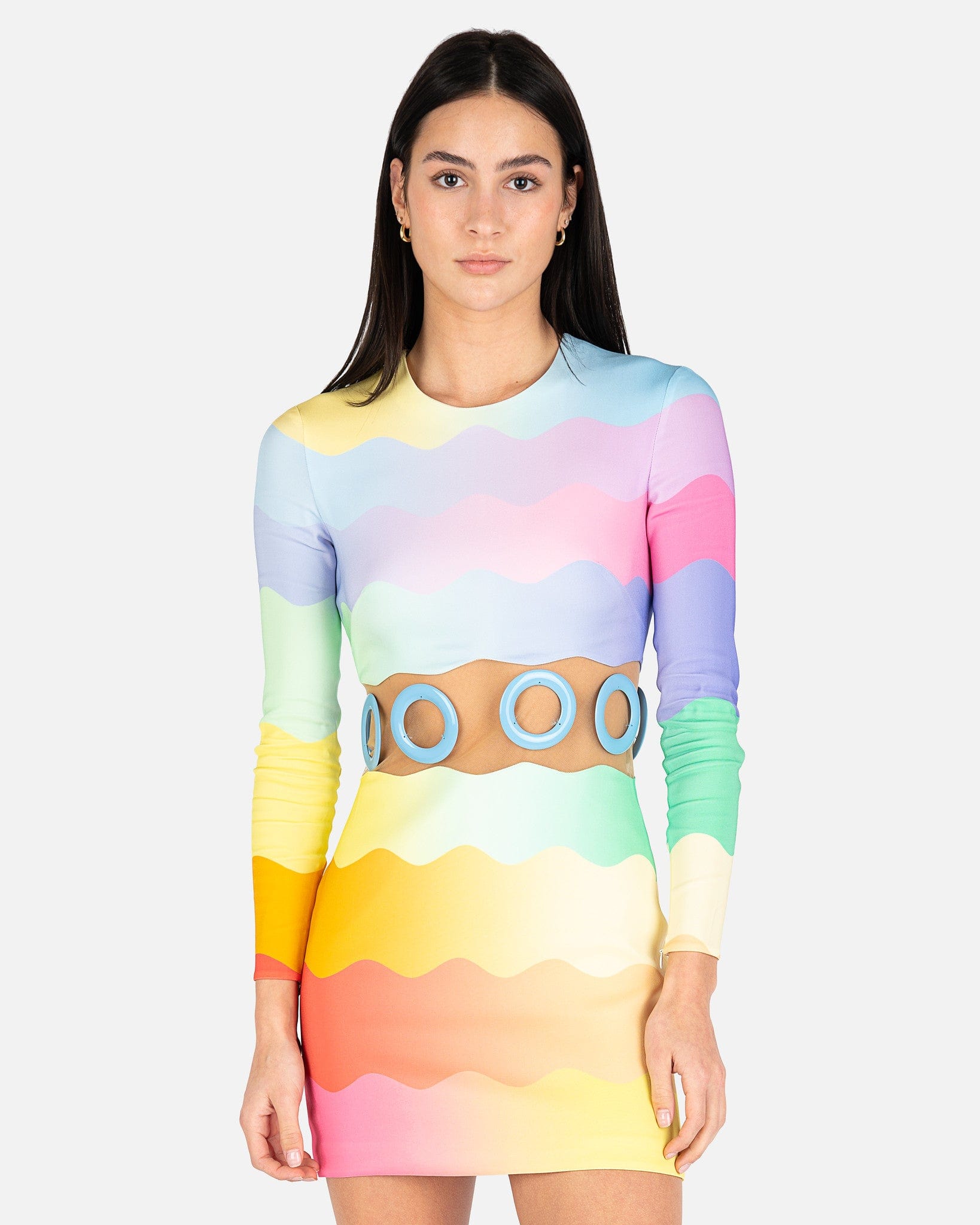 Waist Cut Out Bodycon Dress in Rainbow Wave SVRN Waist Cut Out Bodycon Dress in Rainbow Wave SVRN