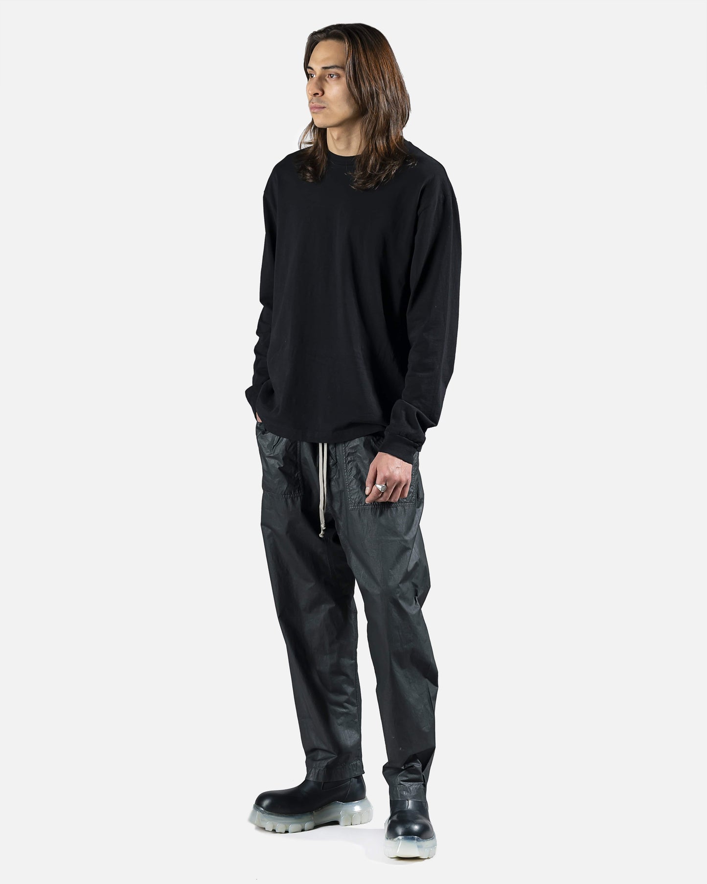 Rick Owens DRKSHDW Men's Pants Waxed Cargo Drawstring Pants in Black