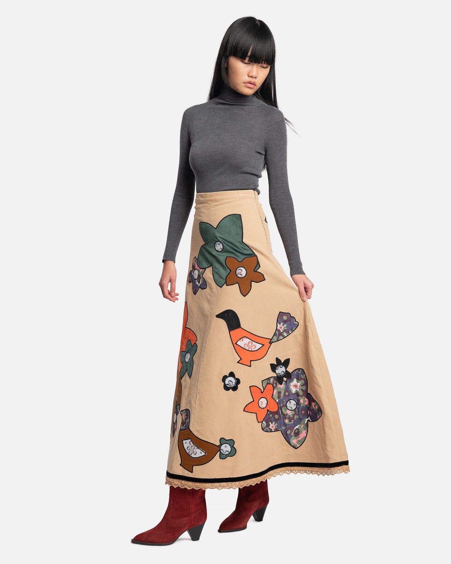 ERL Women Skirts Women's Applique Corduroy Skirt in Beige