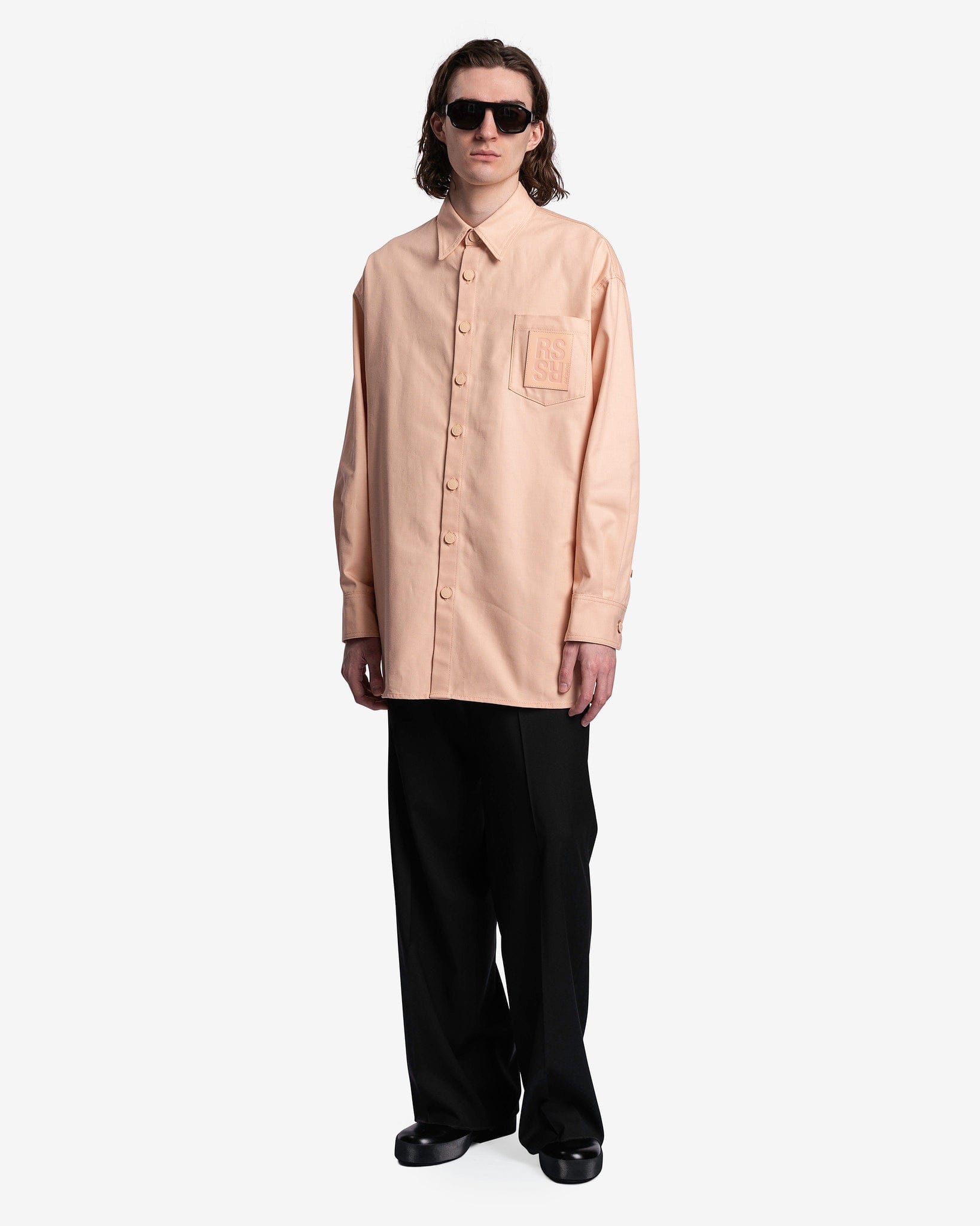 Raf Simons Men's Shirts Leather Patch Oversized Denim Shirt in Salmon