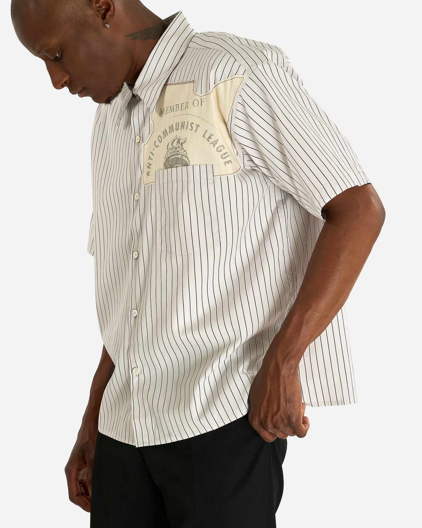 Enfants Riches Deprimes Men's Shirts Anti-Communist League Short Sleeve Shirt in Navy Stripe