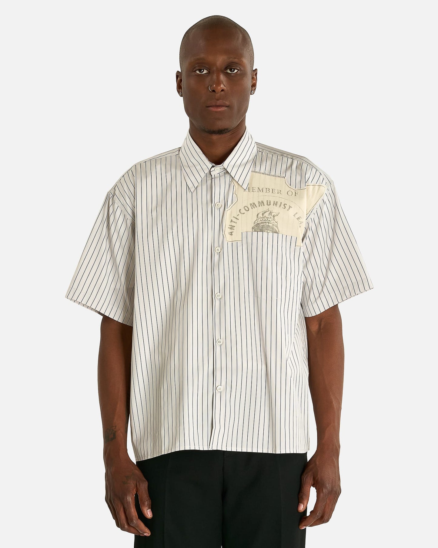 Enfants Riches Deprimes Men's Shirts Anti-Communist League Short Sleeve Shirt in Navy Stripe