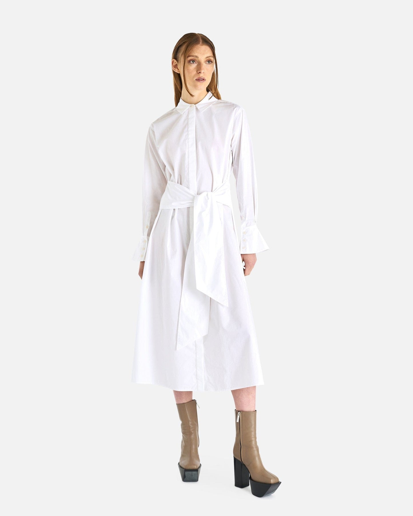 Simkhai Women Dresses Augustina Long Sleeve Tie Waist Shirt Dress in White