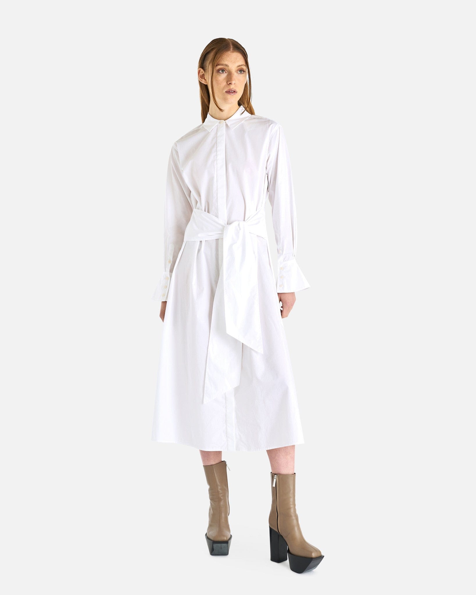 Simkhai Women Dresses Augustina Long Sleeve Tie Waist Shirt Dress in White