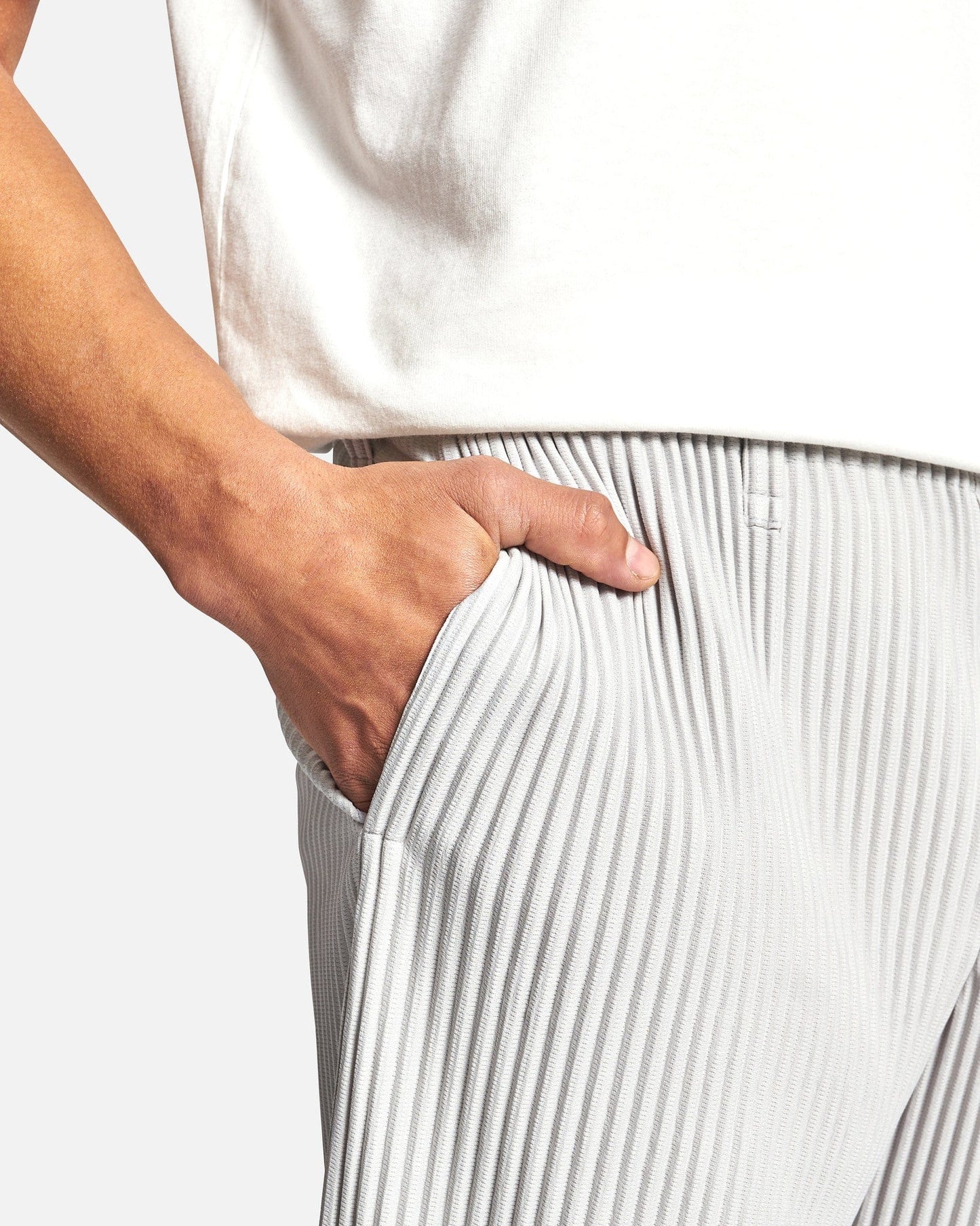Homme Plissé Issey Miyake Men's Pants Basics Pleated Trousers in Light Gray