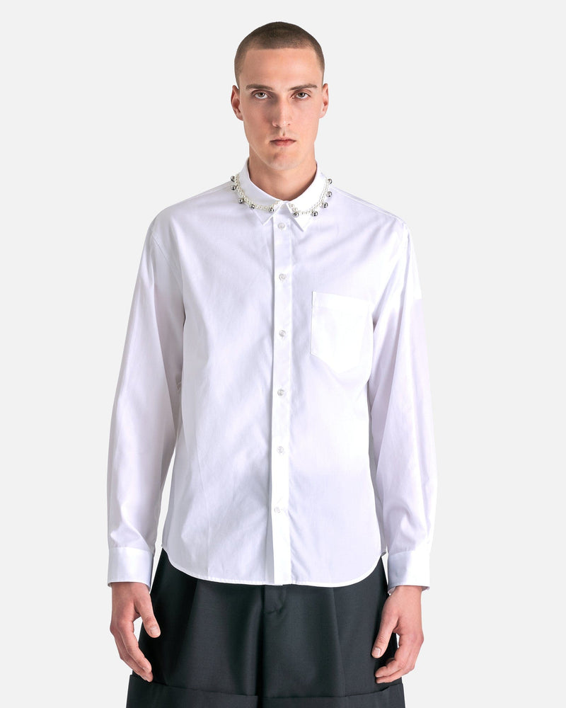 pearl white dress shirt Pearl Embellished Organza Balloon Sleeve Shirt - Off White