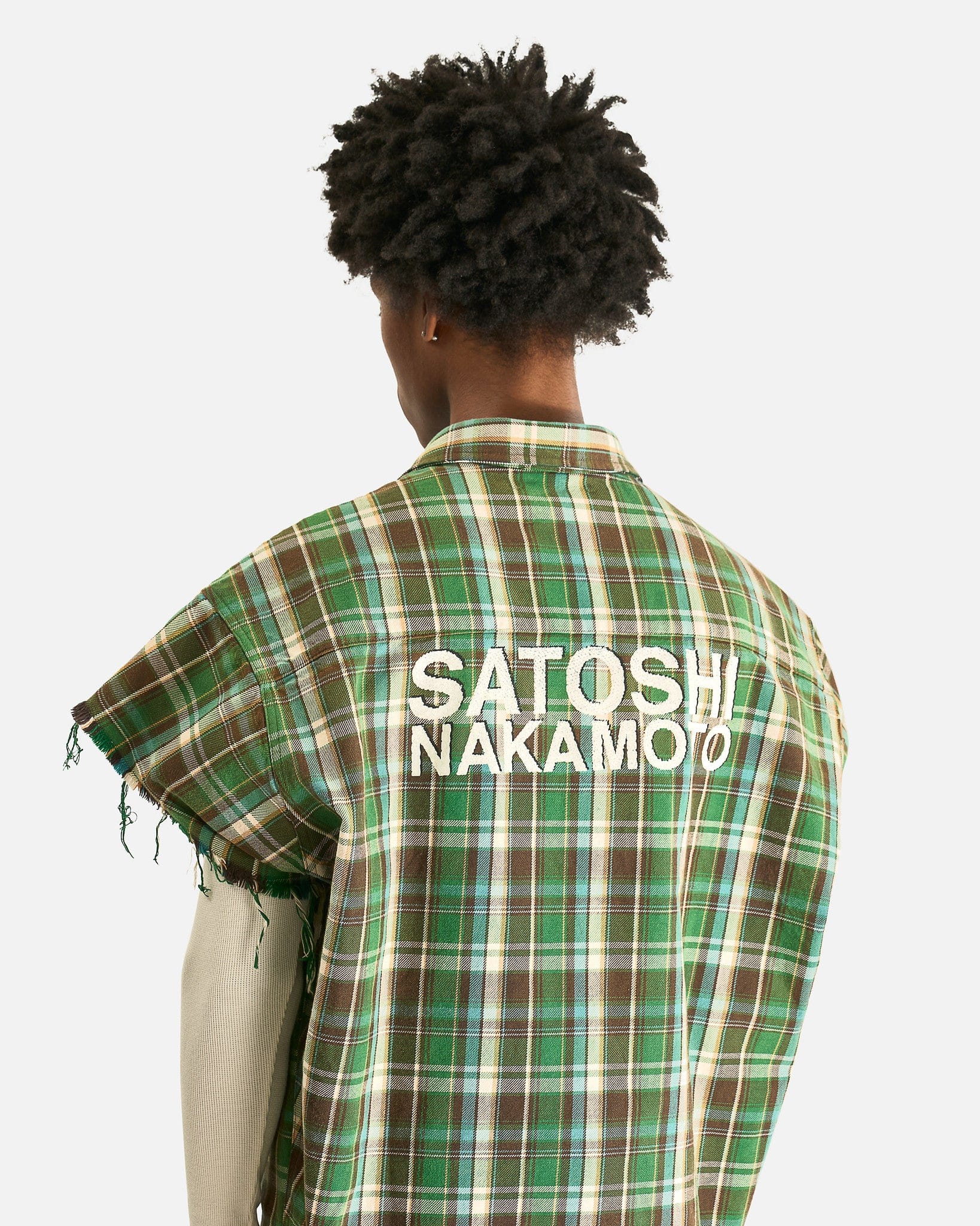 Satoshi Nakamoto Men's Shirts Bender Cut Off Fannel in Green Plaid