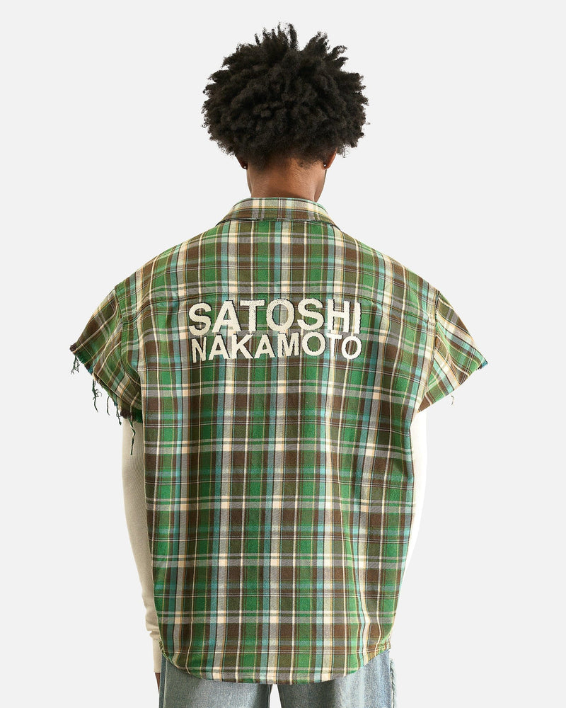 Satoshi Nakamoto Men's Shirts Bender Cut Off Fannel in Green Plaid