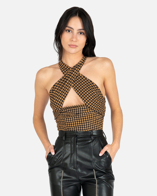 Nanushka Women Tops Body Cross Neckline Bodysuit in Dark Brown/Black Check