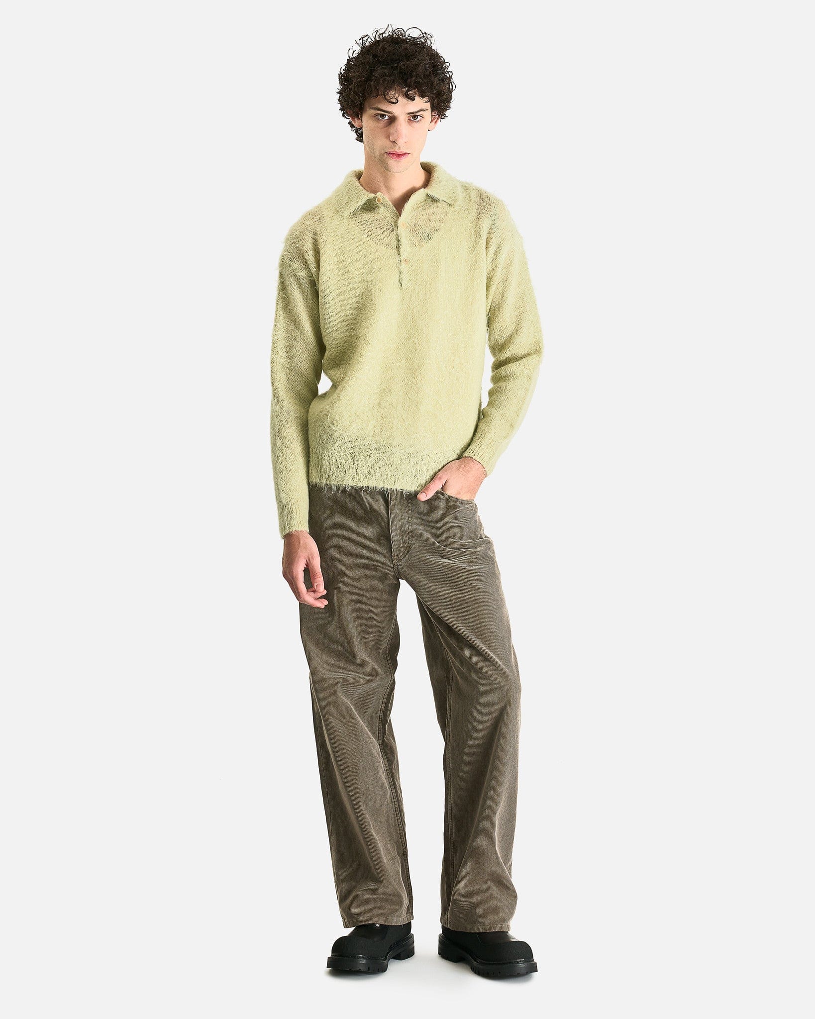 Auralee Men Sweaters Brushed Super Kid Mohair Knit Polo in Light Khaki