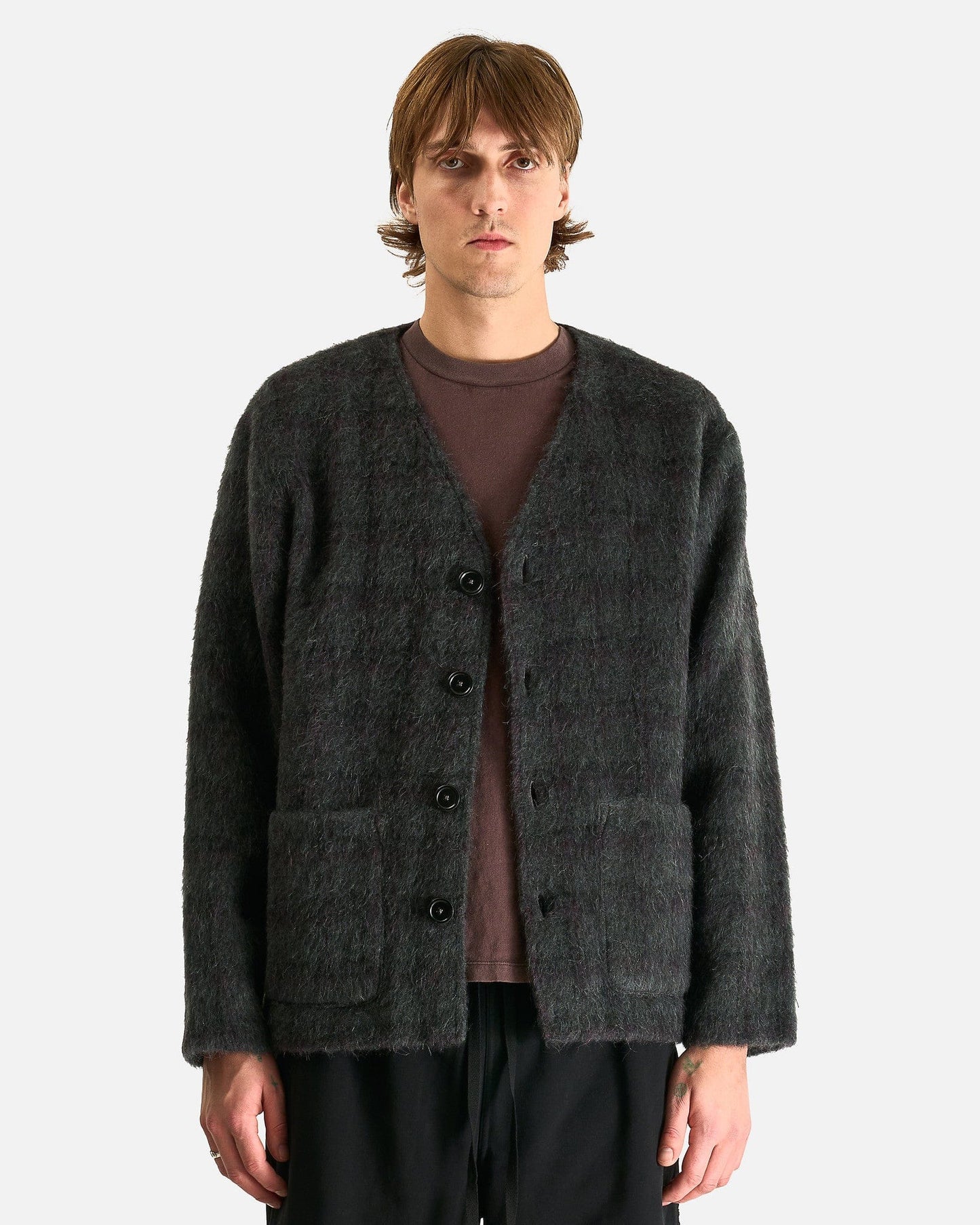 Our Legacy Men Sweaters Cardigan in Fuzzed Plum Check Hairy Wool