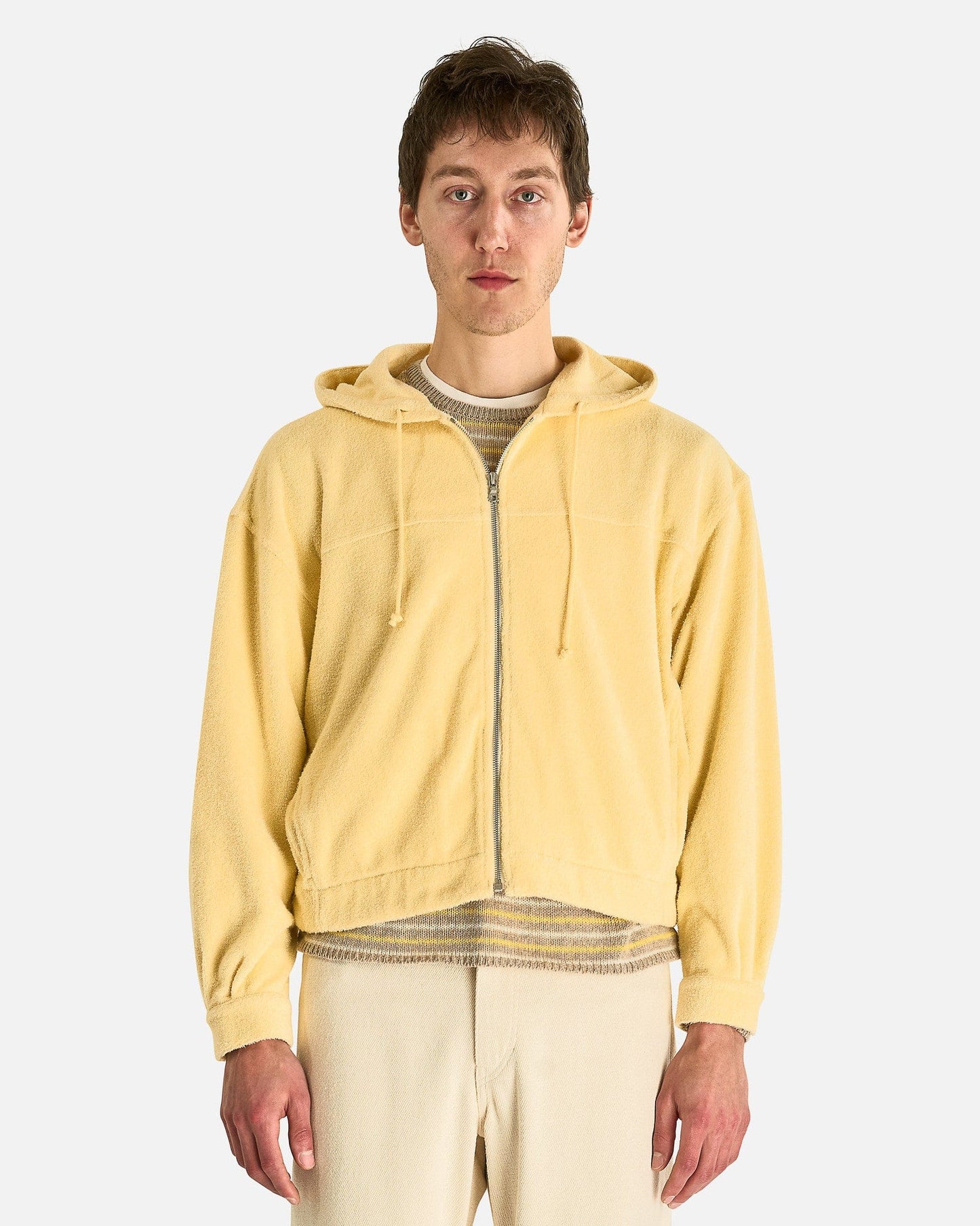 Auralee Men's Jackets Cotton Nylon Pile Zip Parka in Light Yellow