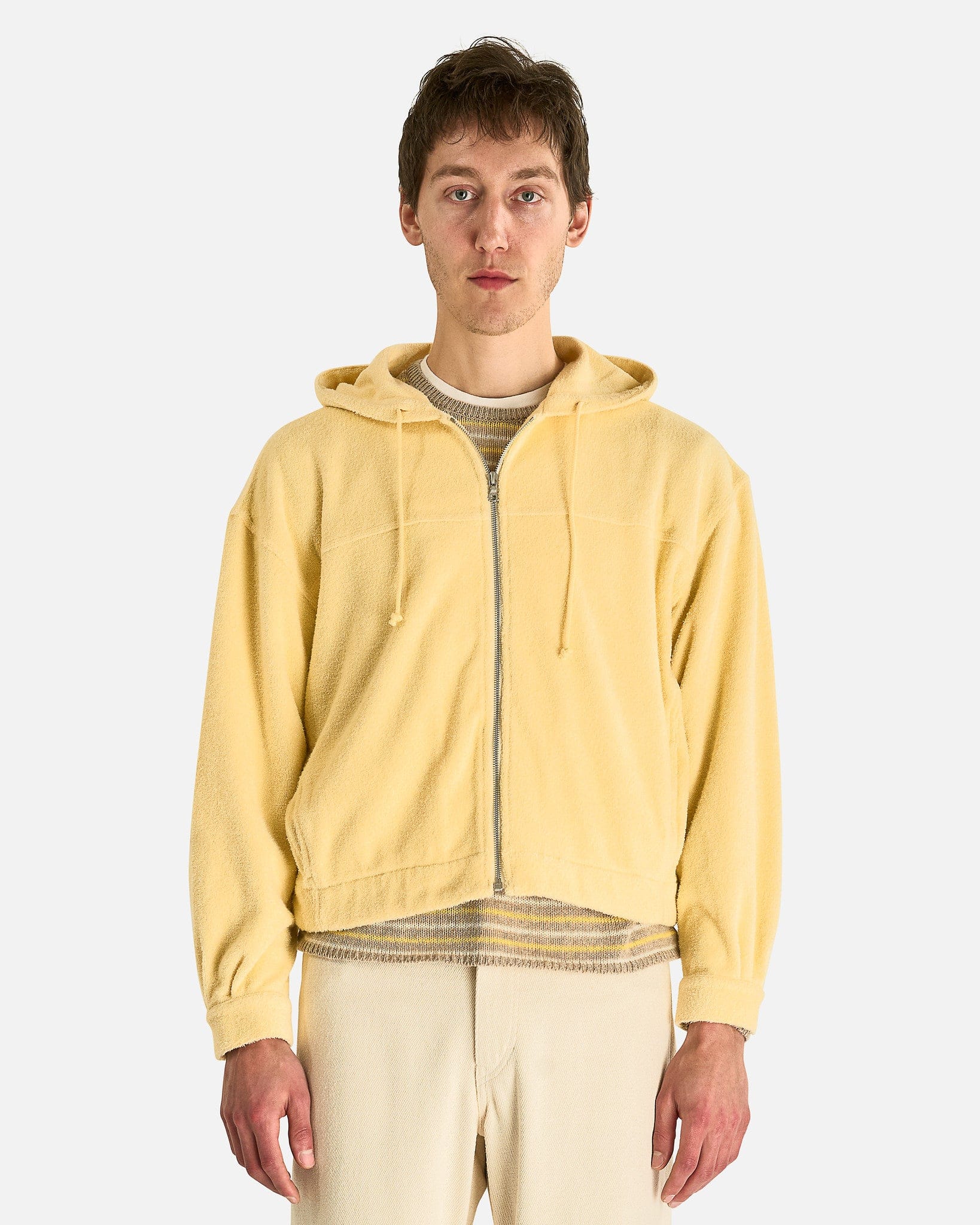 Auralee Men's Jackets Cotton Nylon Pile Zip Parka in Light Yellow