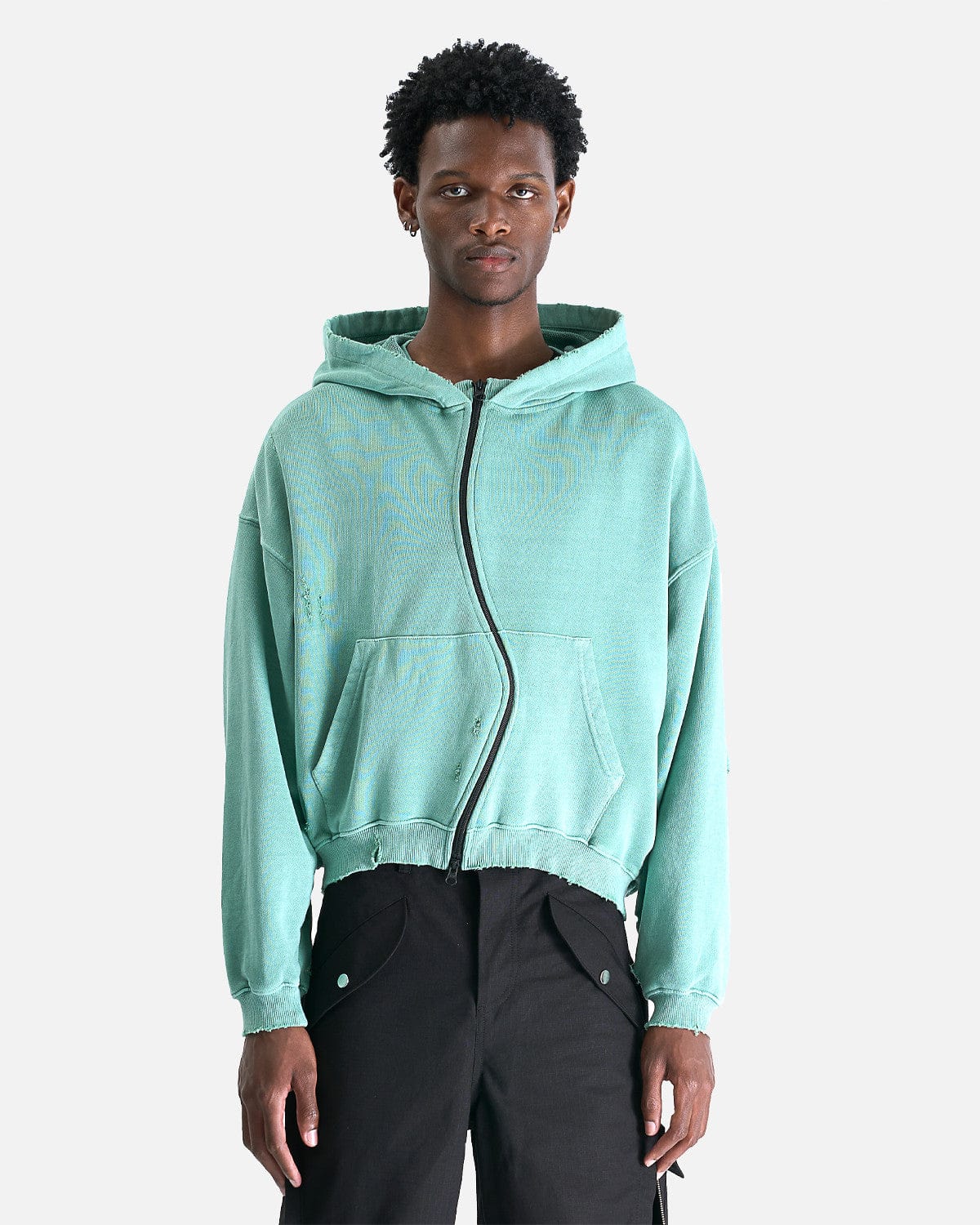 FFFPOSTALSERVICE Men's Jackets Curved Zip-Up Round Hem Hoodie in Tokyo Green