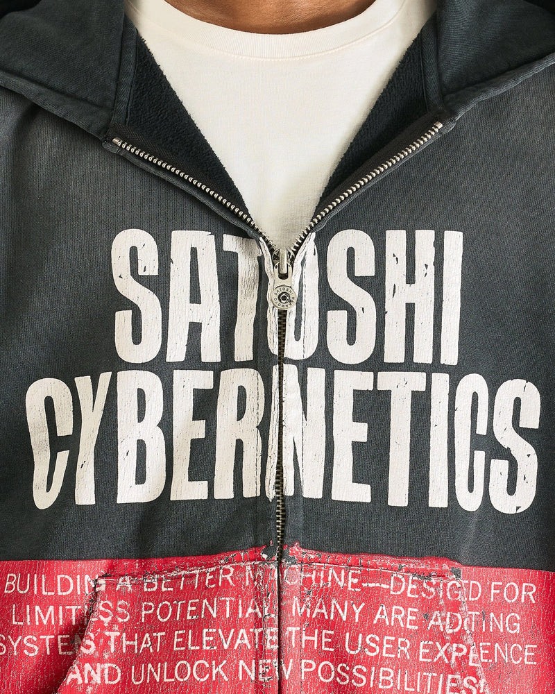 Satoshi Nakamoto Men's Sweatshirts Cybernetics Zip Up Hoodie in Washed Black