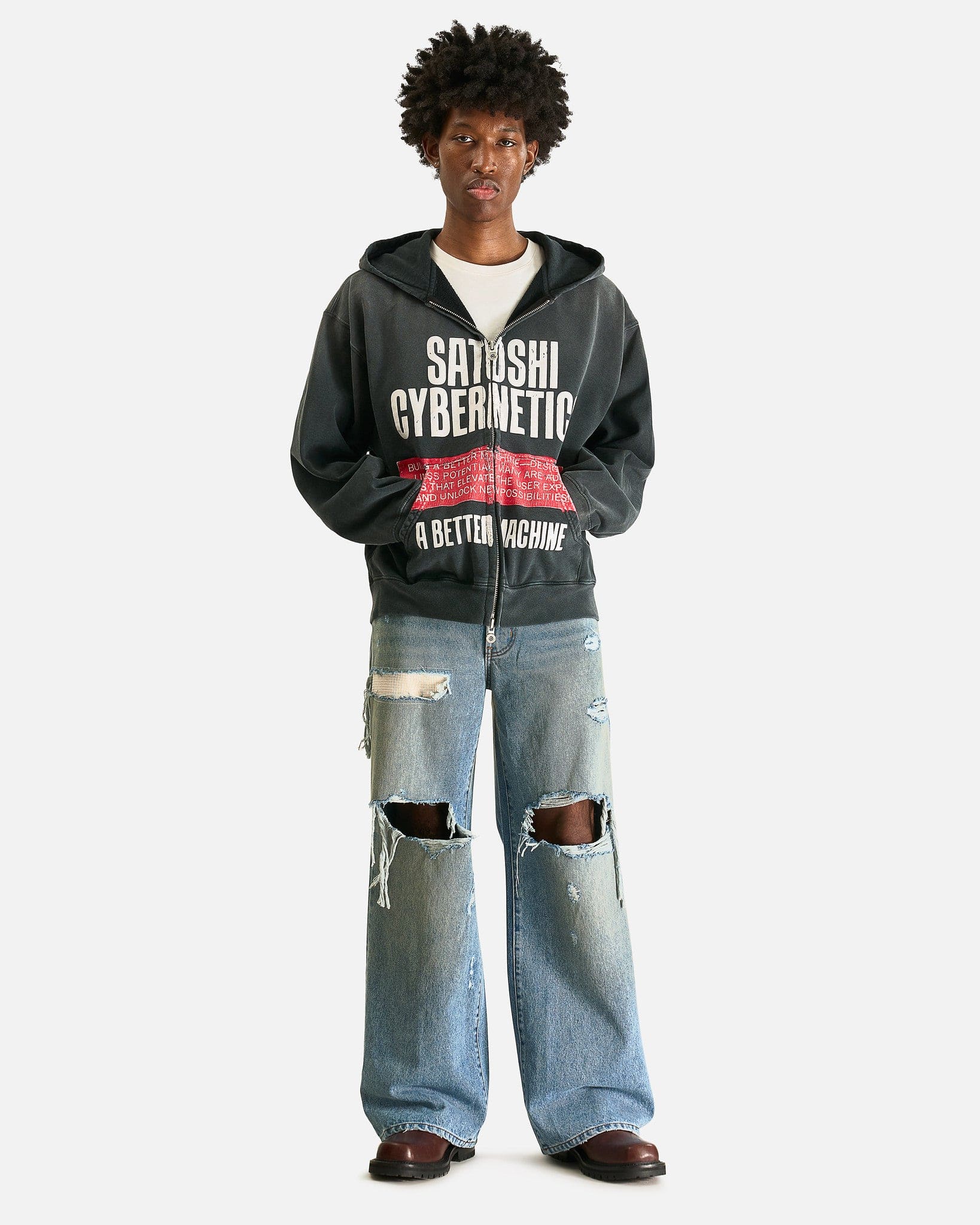 Satoshi Nakamoto Men's Sweatshirts Cybernetics Zip Up Hoodie in Washed Black