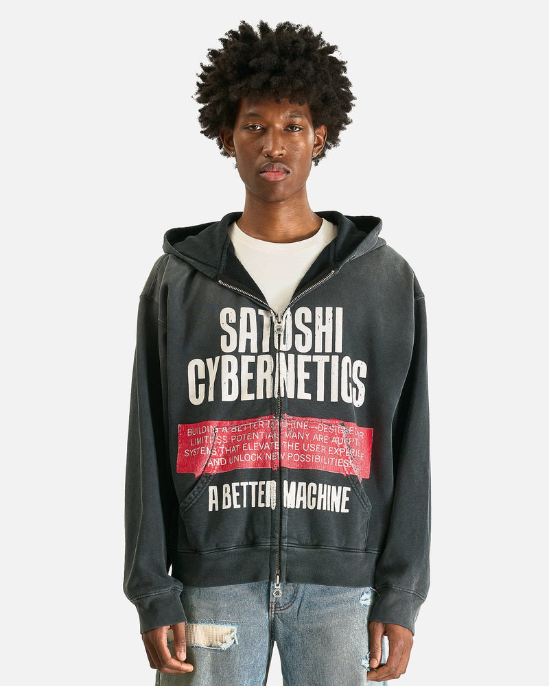 Satoshi Nakamoto Men's Sweatshirts Cybernetics Zip Up Hoodie in Washed Black