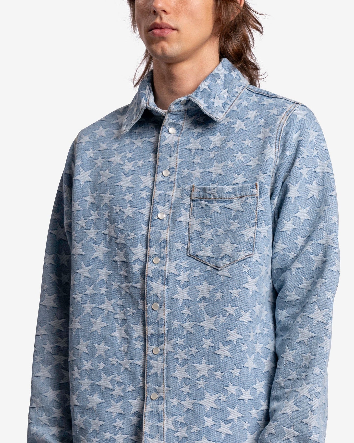ERL Men's Shirts Denim Jacquard Woven Overshirt in Light Blue