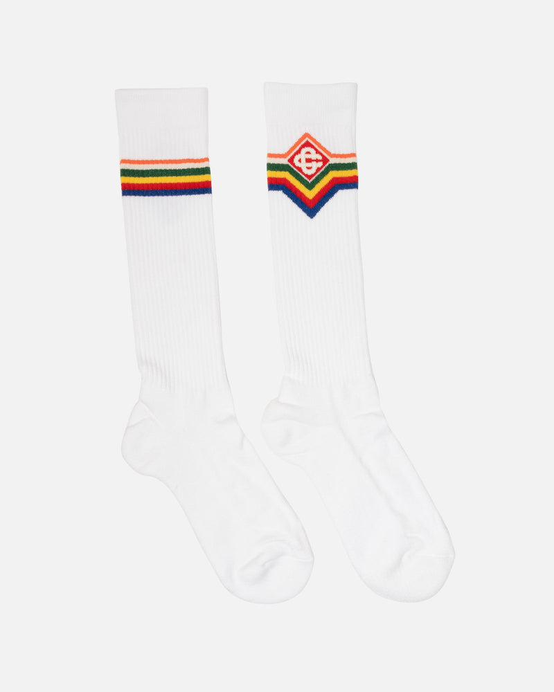 Casablanca Men's Socks Diamond Stripe Logo Mid Calf Ribbed Sport Sock in White