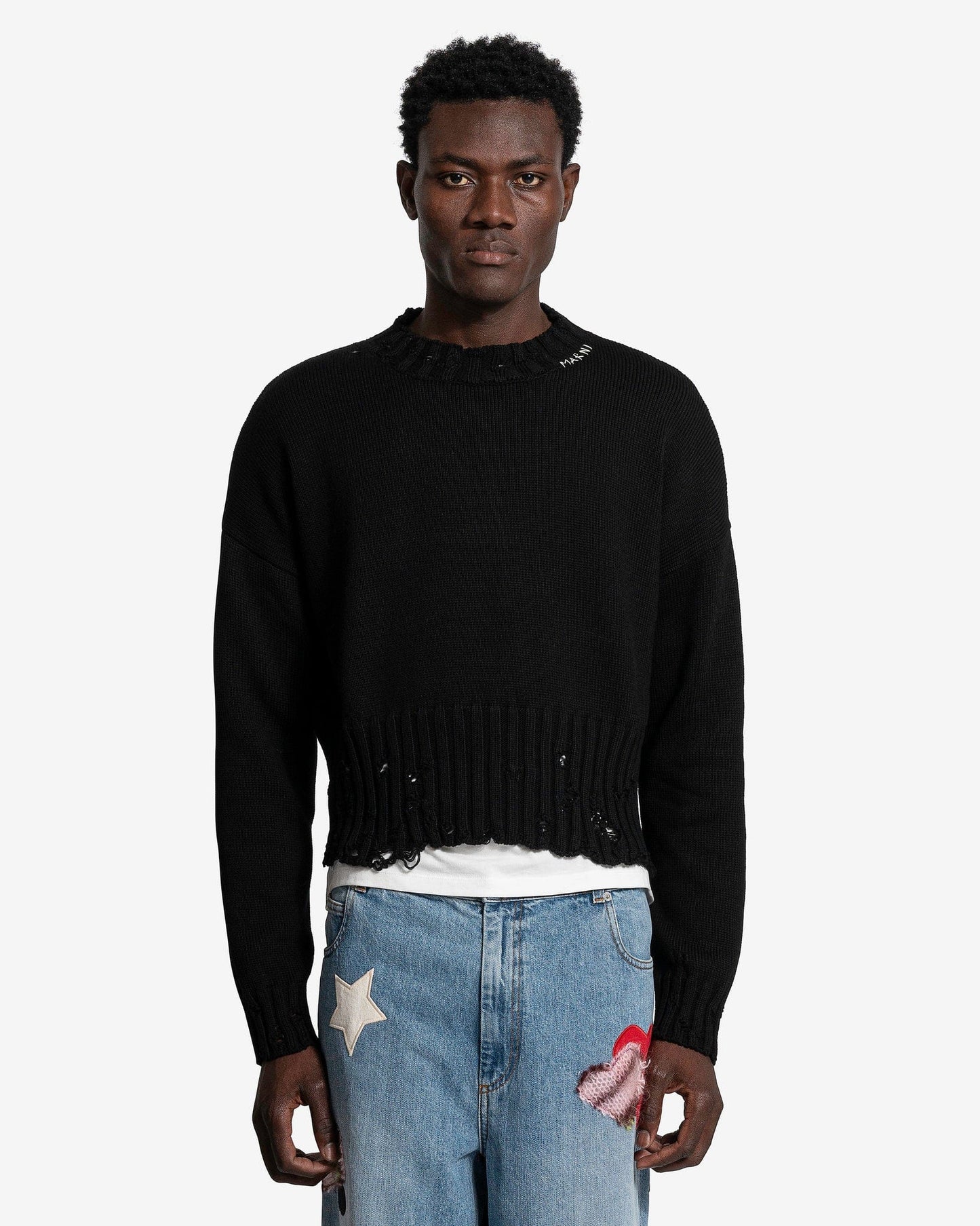 Marni Men's Sweater Dishevelled Cotton Knit Sweater in Black