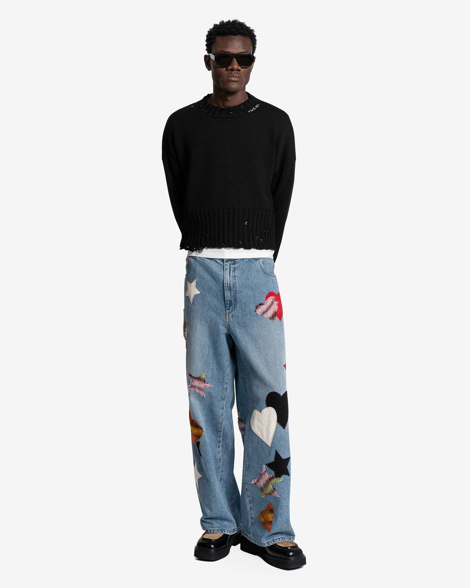 Marni Men's Sweater Dishevelled Cotton Knit Sweater in Black