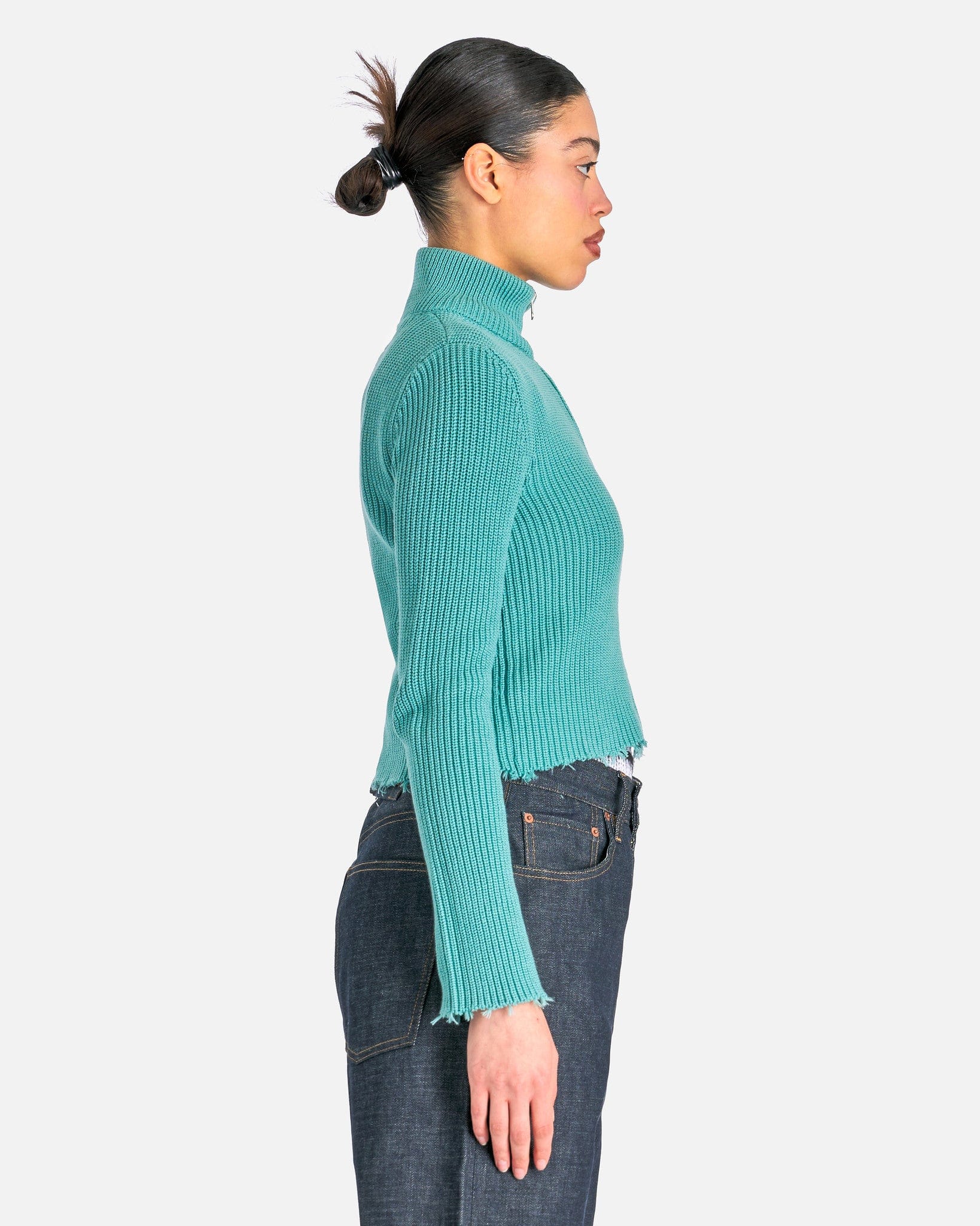 MM6 Maison Margiela Women Jackets Distressed Rib Knit Trucker Jacket in Turquoise