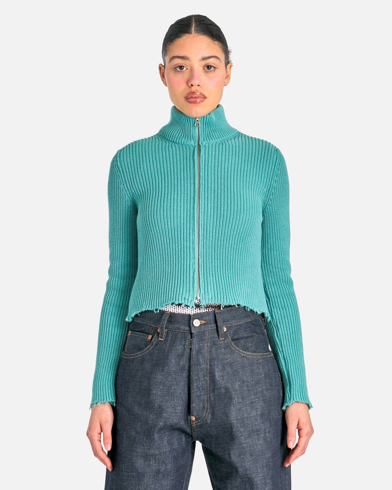 MM6 Maison Margiela Women Jackets Distressed Rib Knit Trucker Jacket in Turquoise