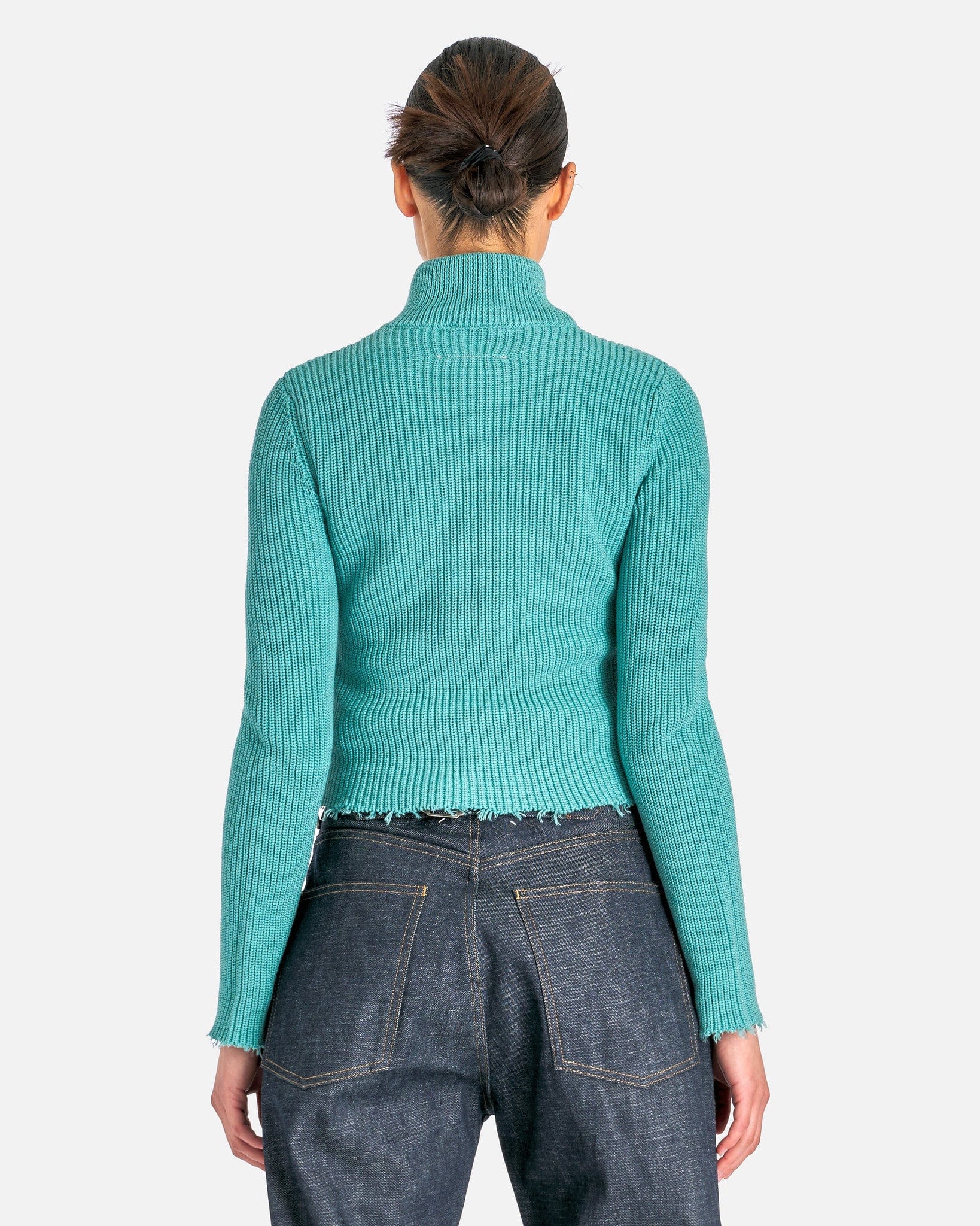 MM6 Maison Margiela Women Jackets Distressed Rib Knit Trucker Jacket in Turquoise