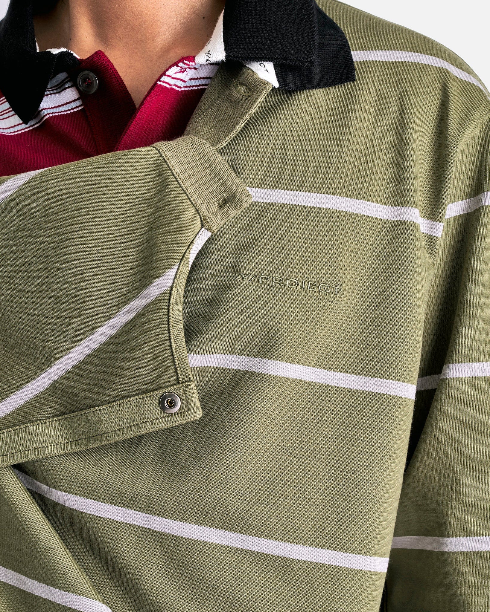 Y/Project - Double Collar Snap-Off Rugby Polo in Khaki/Red Y/Project - Double Collar Snap-Off Rugby Polo in Khaki/Red