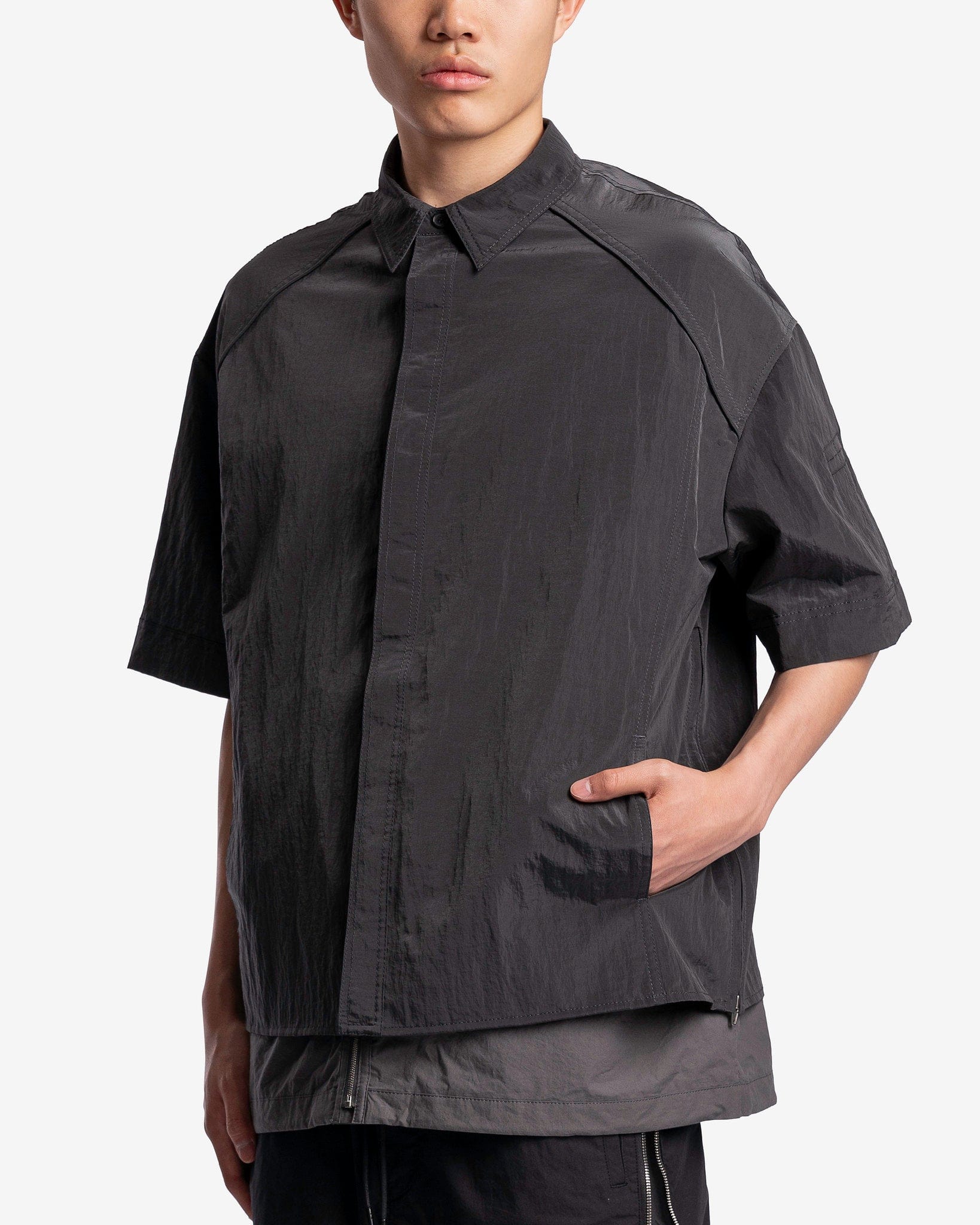 Juun.J Men's Shirts Double Layered Short Sleeve Zip-Up Shirts in Grey