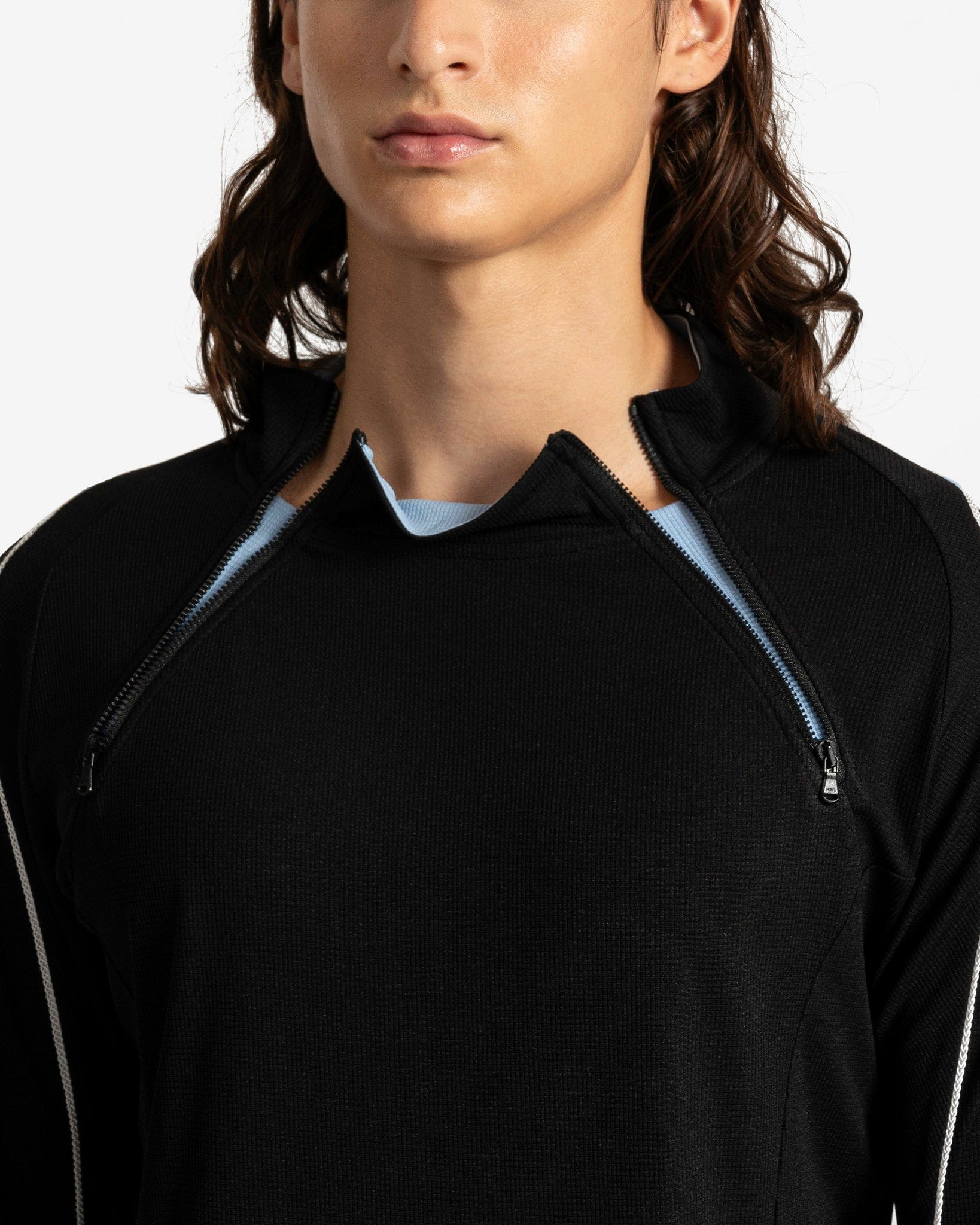 CMMAWEAR Men's T-Shirts Dual Zip Long Sleeve in Black/Baby Blue